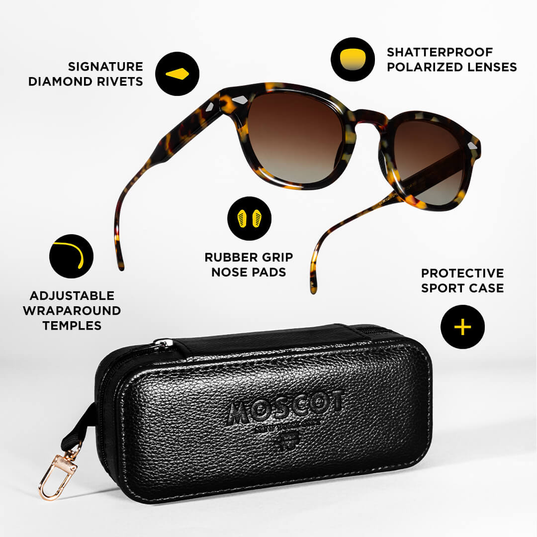 The LEMTOSH SPORT has the LEMTOSH signature diamond rivets, adjustable wraparound temples, rubber grip nose pads, and shatterproof polarized lenses. The LEMTOSH SPORT has the LEMTOSH signature diamond rivets, adjustable wraparound temples, rubber grip nose pads, and shatterproof polarized lenses.