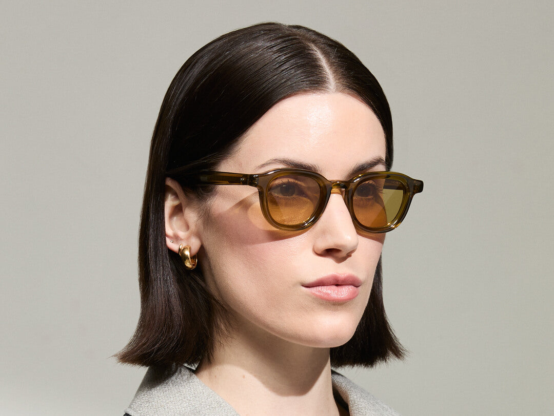 Model is wearing The DAHVEN in Olive Brown in size 44 with Amber Tinted Lenses Model is wearing The DAHVEN in Olive Brown in size 44 with Amber Tinted Lenses