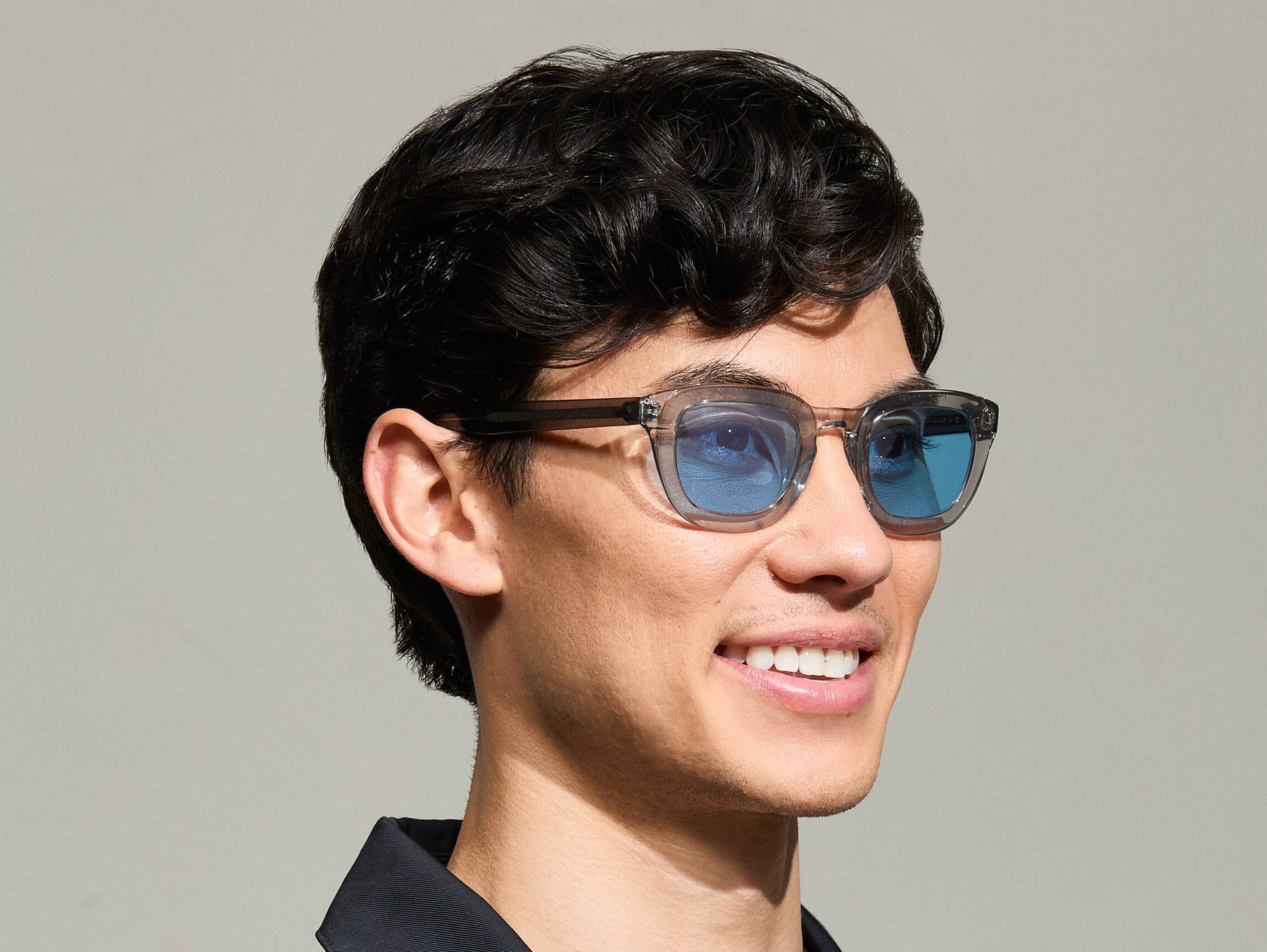 Model is wearing The TELENA in Grey/Light Grey in size 47 with Celebrity Blue Tinted Lenses Model is wearing The TELENA in Grey/Light Grey in size 47 with Celebrity Blue Tinted Lenses