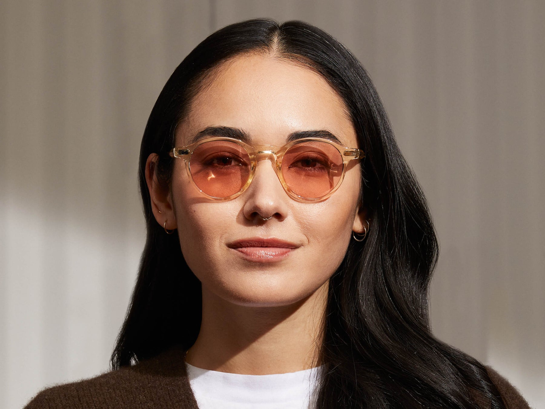 Model is wearing The MILTZEN in Flesh in size 46 with New York Rose Tinted Lenses Model is wearing The MILTZEN in Flesh in size 46 with New York Rose Tinted Lenses