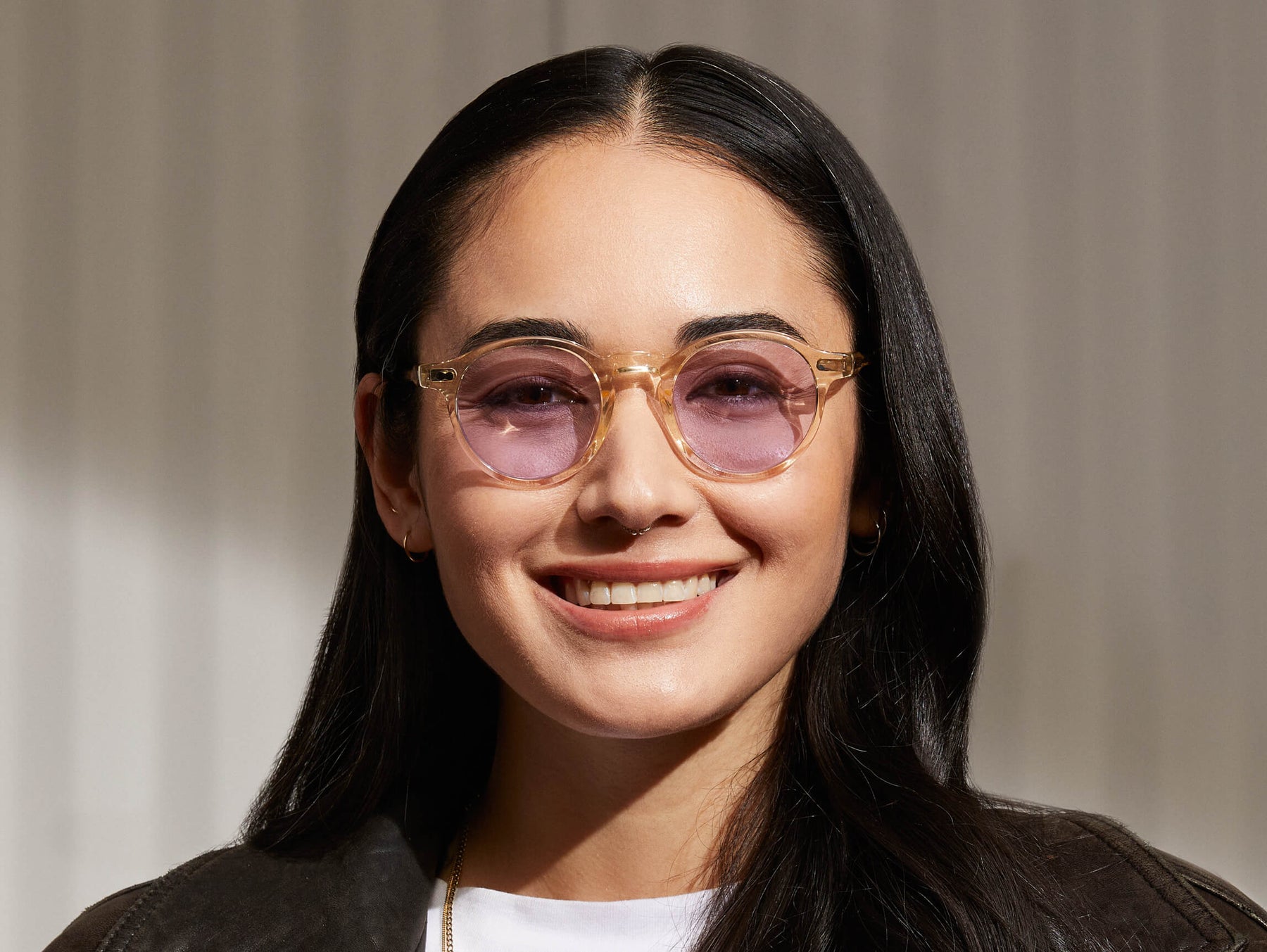 Model is wearing The MILTZEN in Flesh in size 46 with Lavender Tinted Lenses Model is wearing The MILTZEN in Flesh in size 46 with Lavender Tinted Lenses