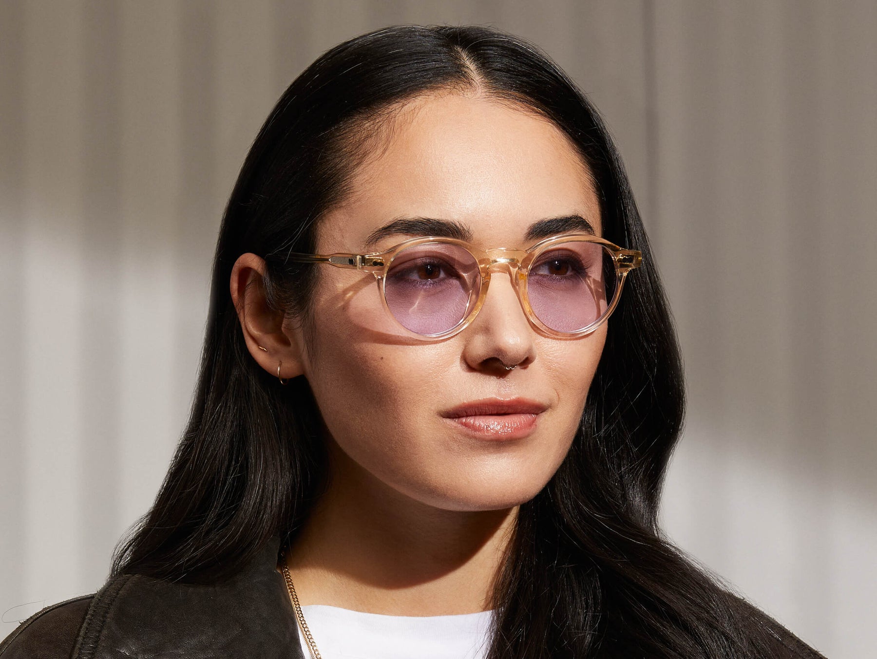 Model is wearing The MILTZEN in Flesh in size 46 with Lavender Tinted Lenses Model is wearing The MILTZEN in Flesh in size 46 with Lavender Tinted Lenses