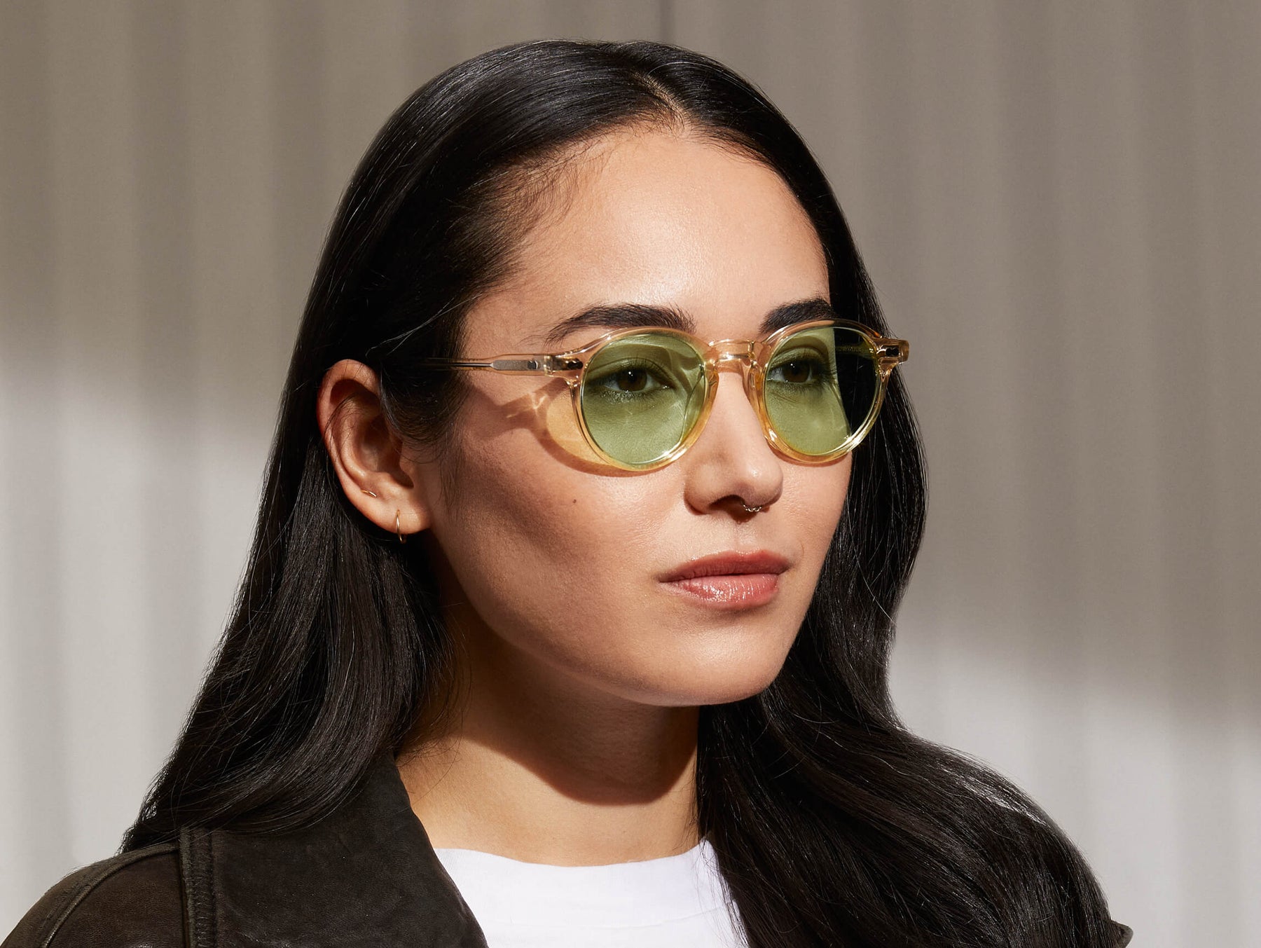 Model is wearing The MILTZEN in Flesh in size 46 with Limelight Tinted Lenses Model is wearing The MILTZEN in Flesh in size 46 with Limelight Tinted Lenses