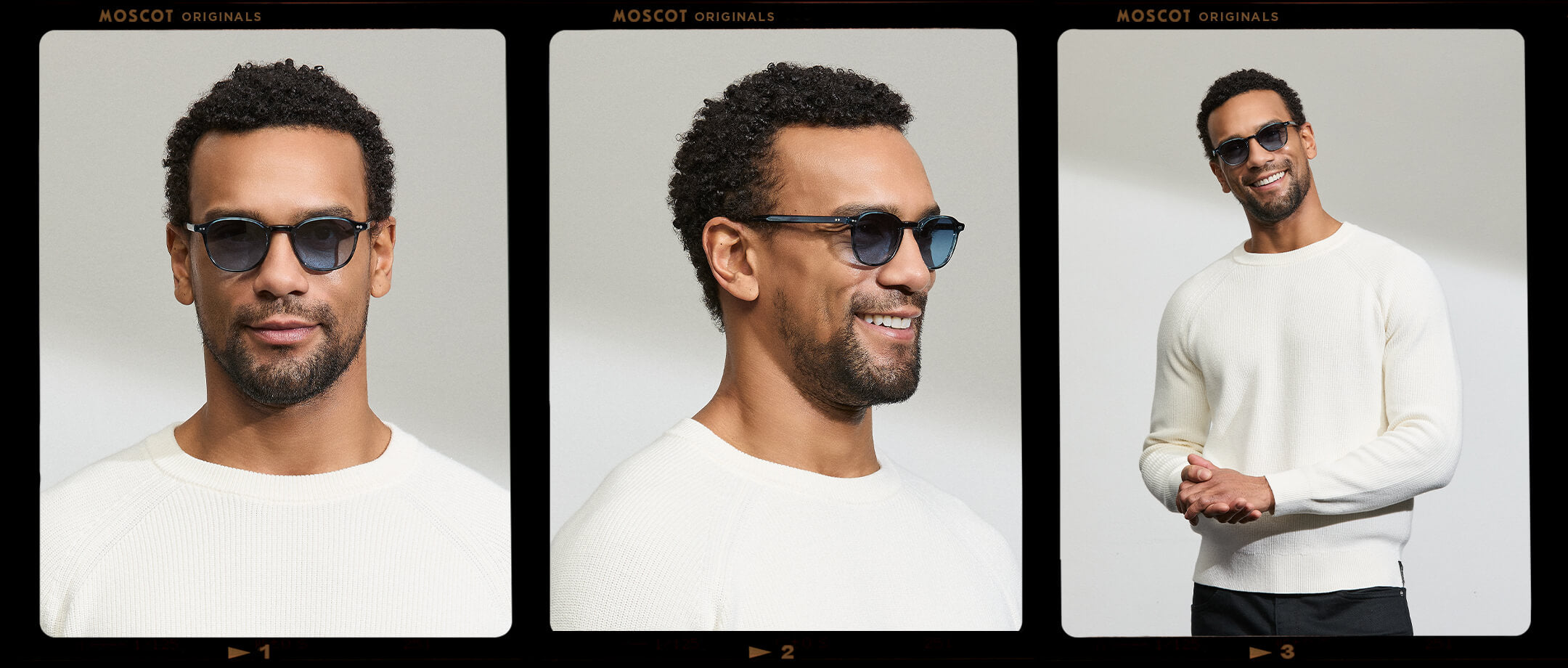 Model is wearing The ARTHUR in Ink in size 48 with Denim Blue Tinted Lenses