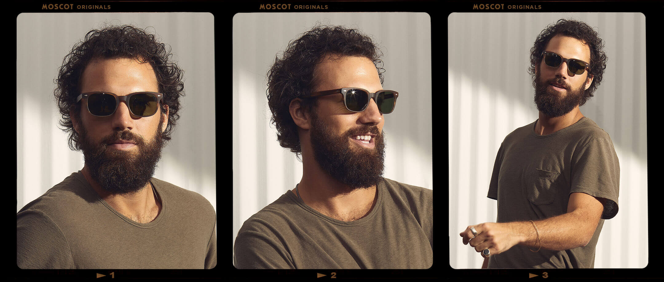 Model is wearing The BOYCHIK SUN in Matte Dark Blonde in size 52 with Calibar Green Glass Lenses