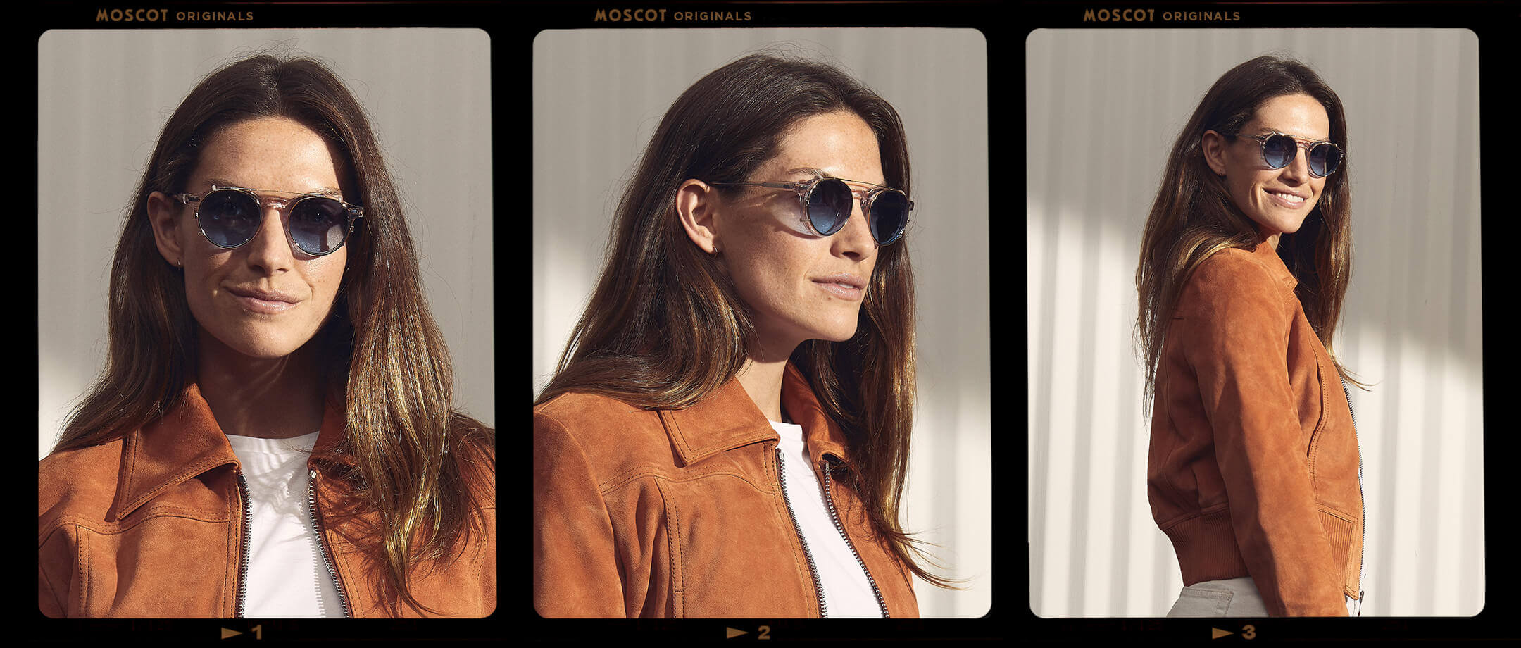 Model is wearing The CLIPZEN in Gold in size 46 with Denim Blue Tinted Lenses
