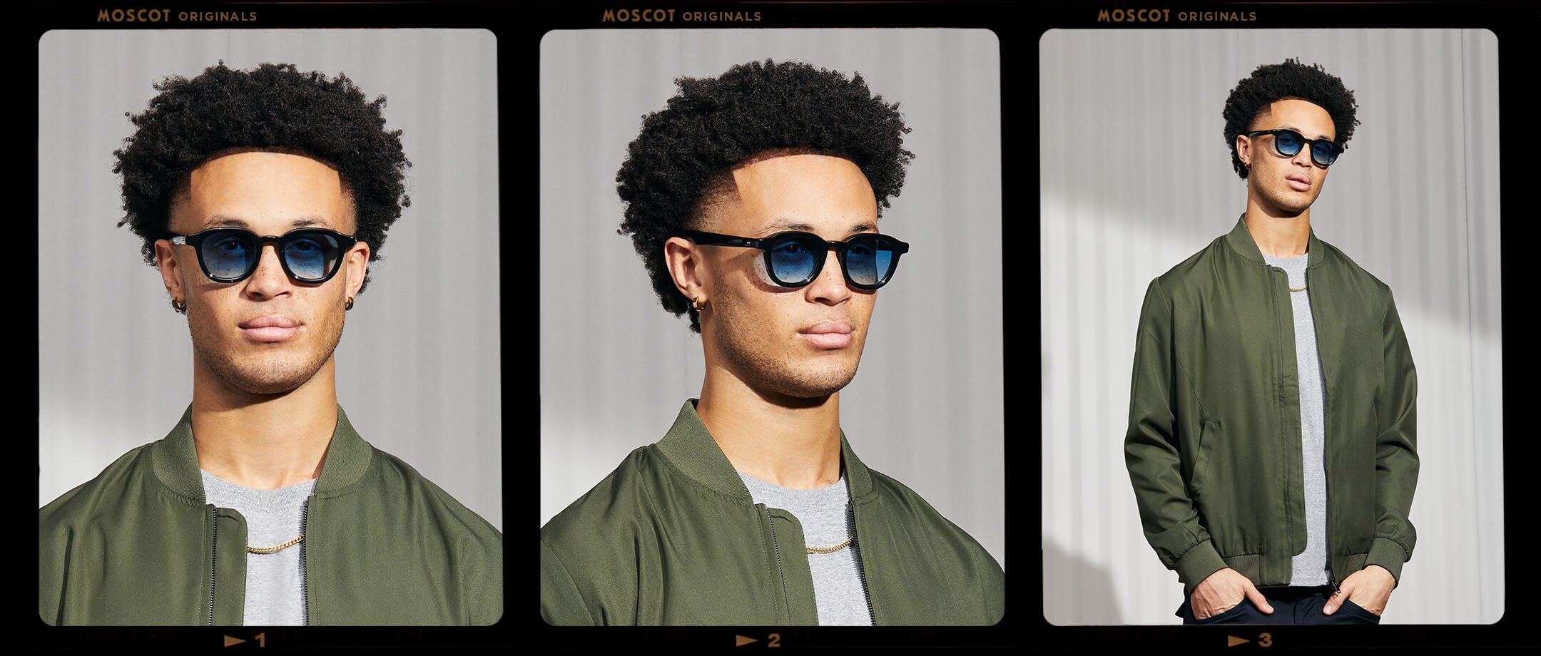 Model is wearing The DAHVEN in Black in size 47 with Broadway Blue Fade Tinted Lenses