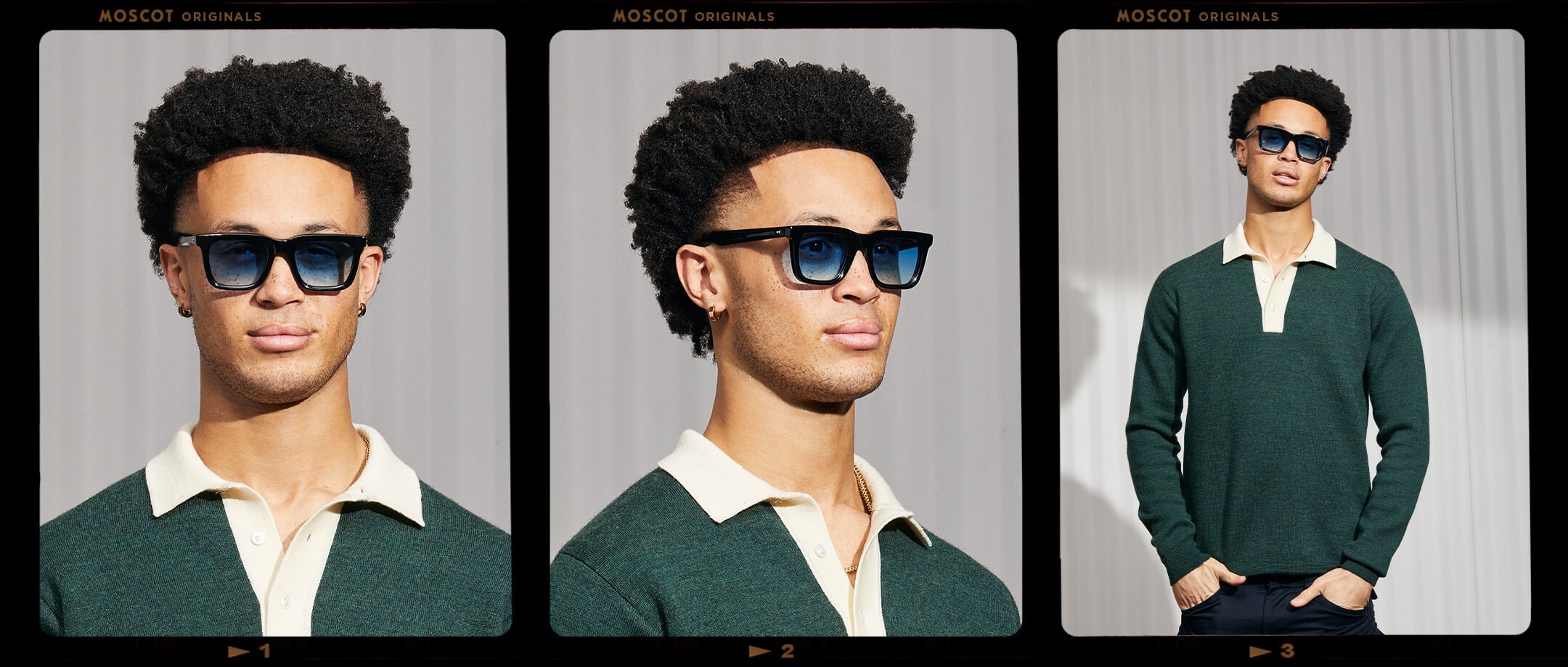 Model is wearing The RIZIK in Black in size 49 with Broadway Blue Fade Tinted Lenses