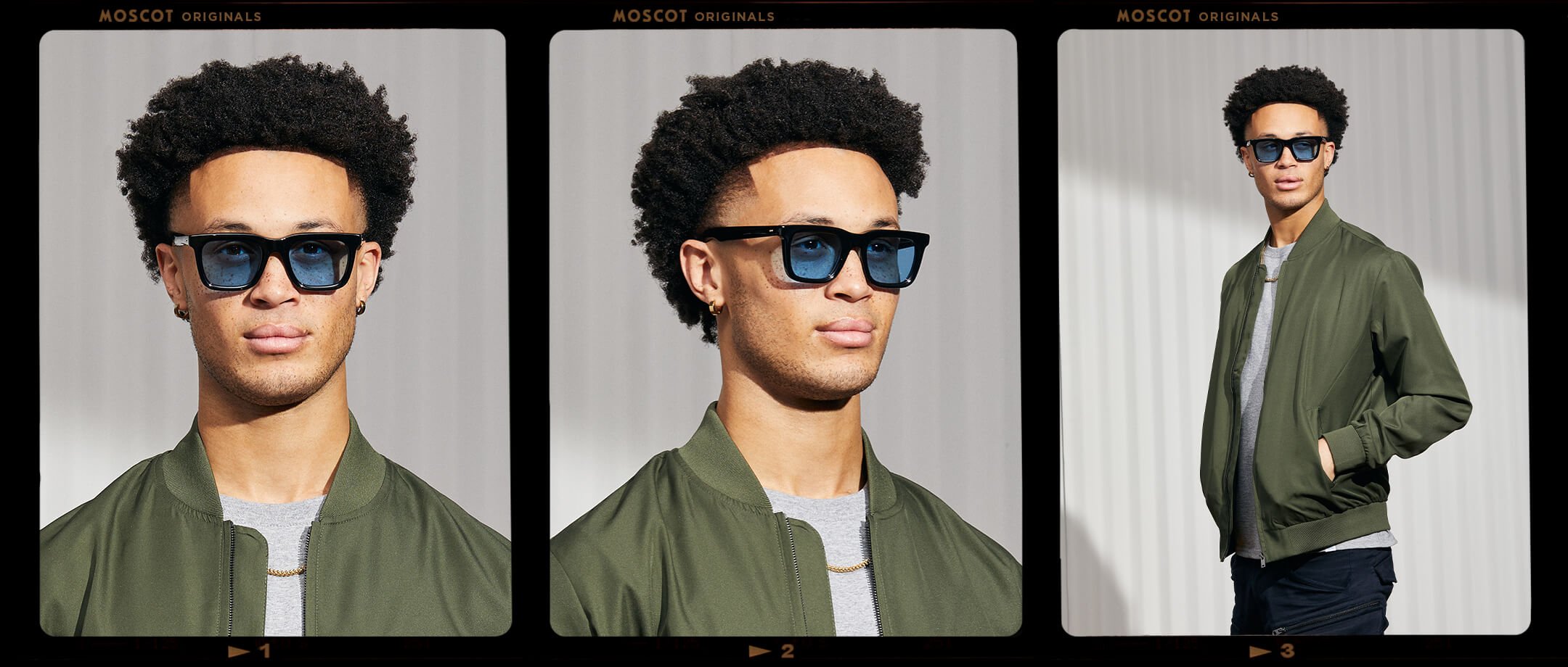 Model is wearing The RIZIK in Black in size 49 with Celebrity Blue Tinted Lenses