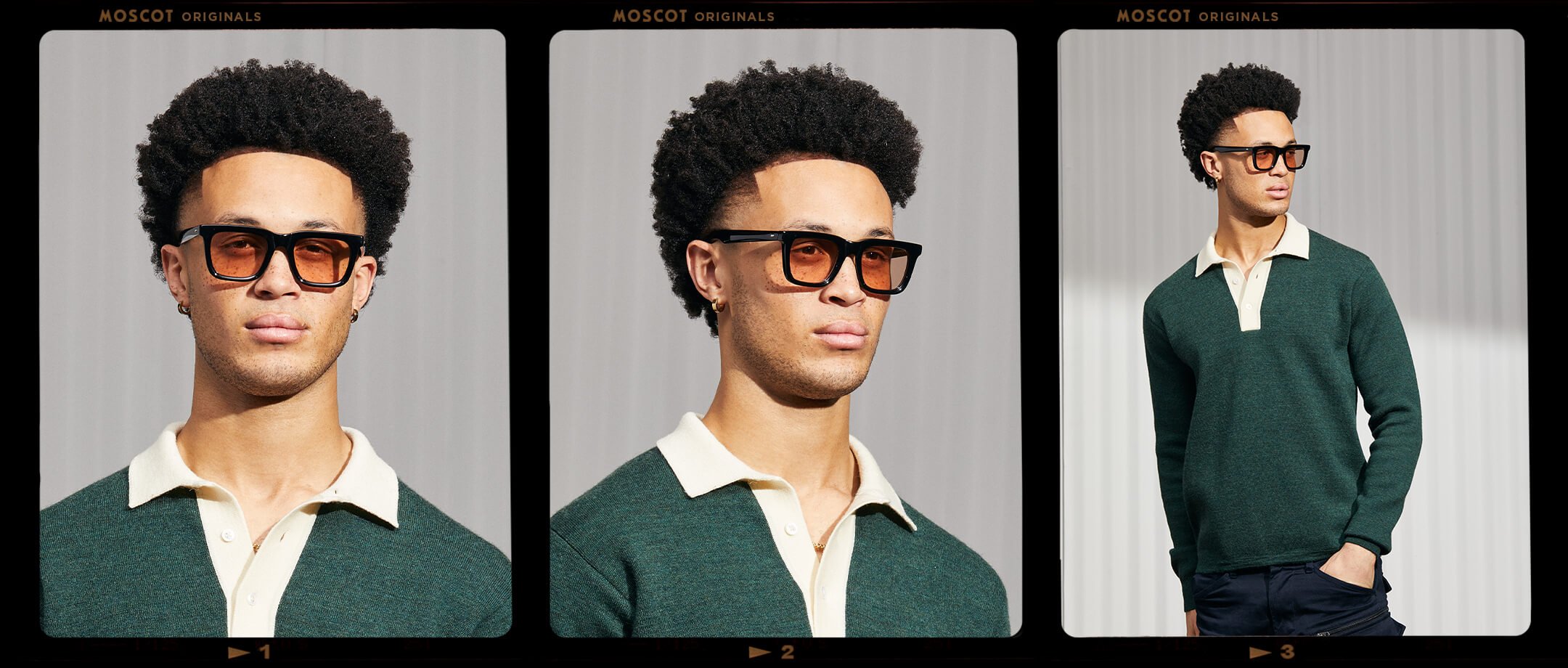 Model is wearing The RIZIK in Black in size 49 with New York Rose Tinted Lenses