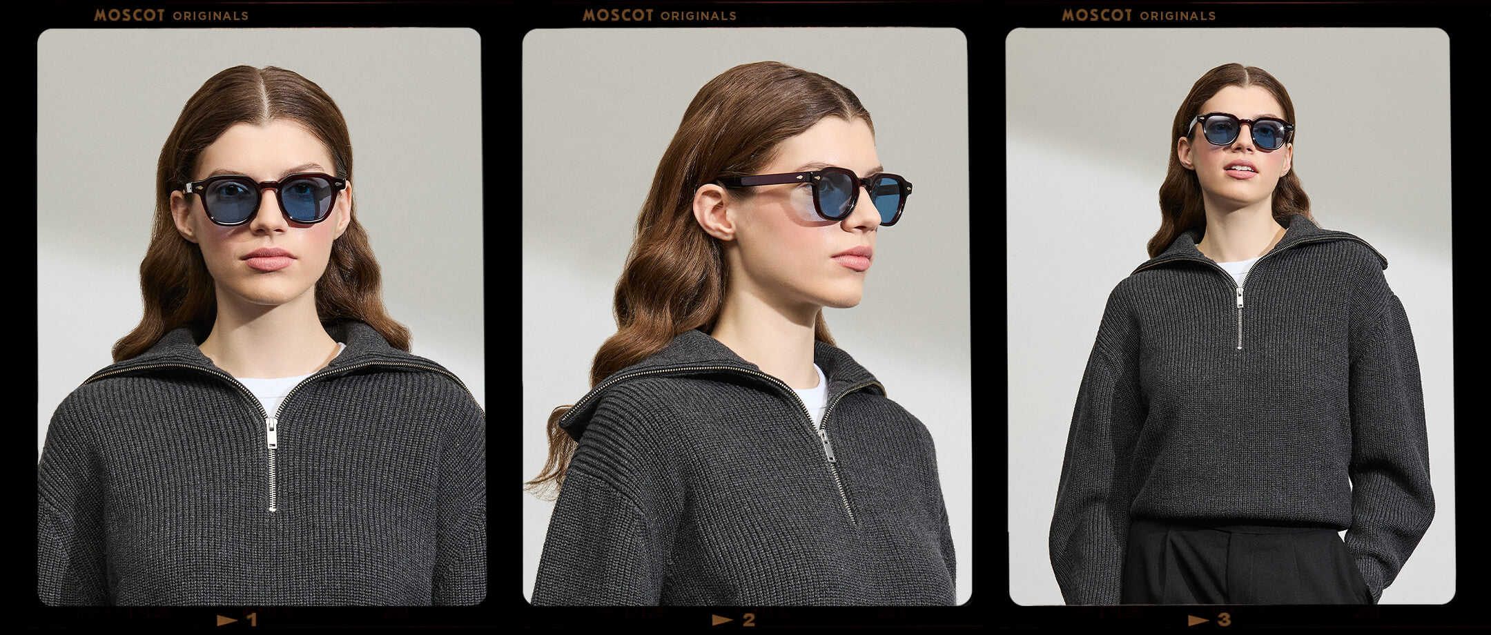 Model is wearing The DOLT in Burgundy in size 49 with BLUE+ Lenses