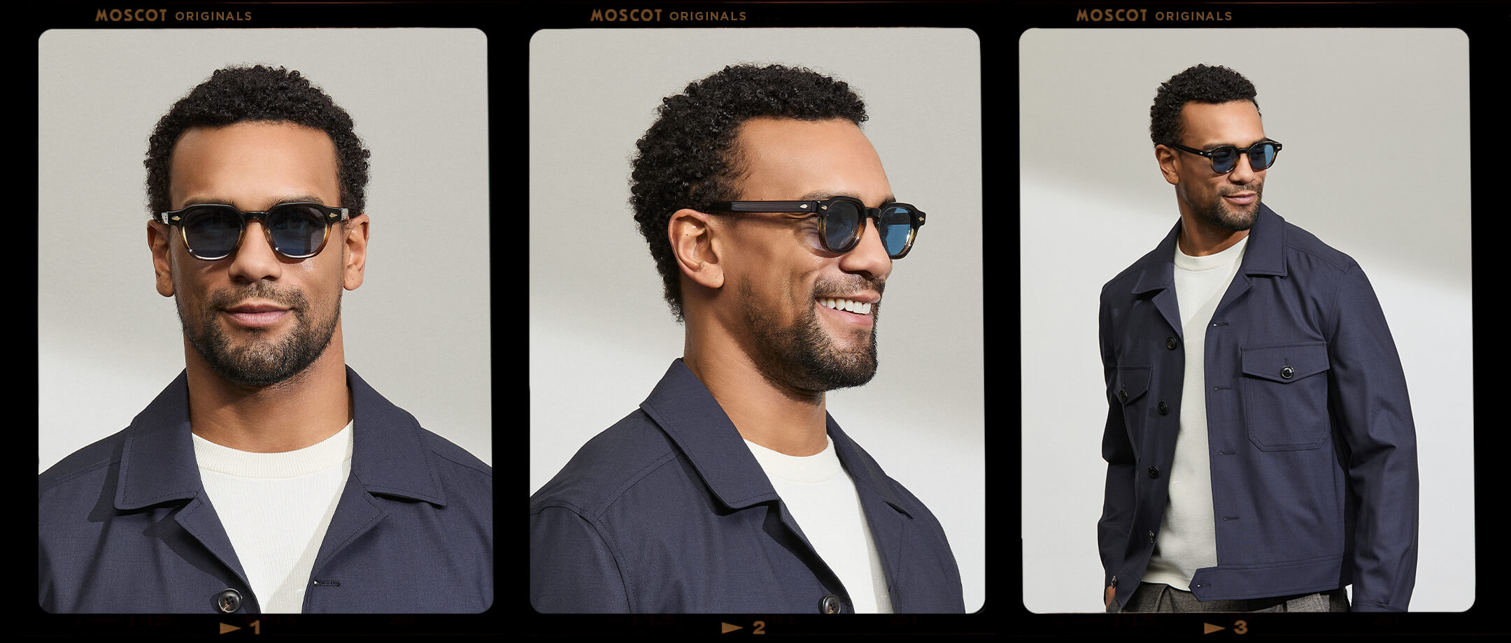 Model is wearing The DOLT in Grey-Brown Fade in size 46 with BLUE+ Lenses