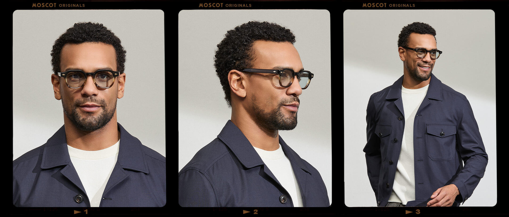 Model is wearing The DOLT in Grey-Brown Fade in size 46 with BLUE+ Lenses