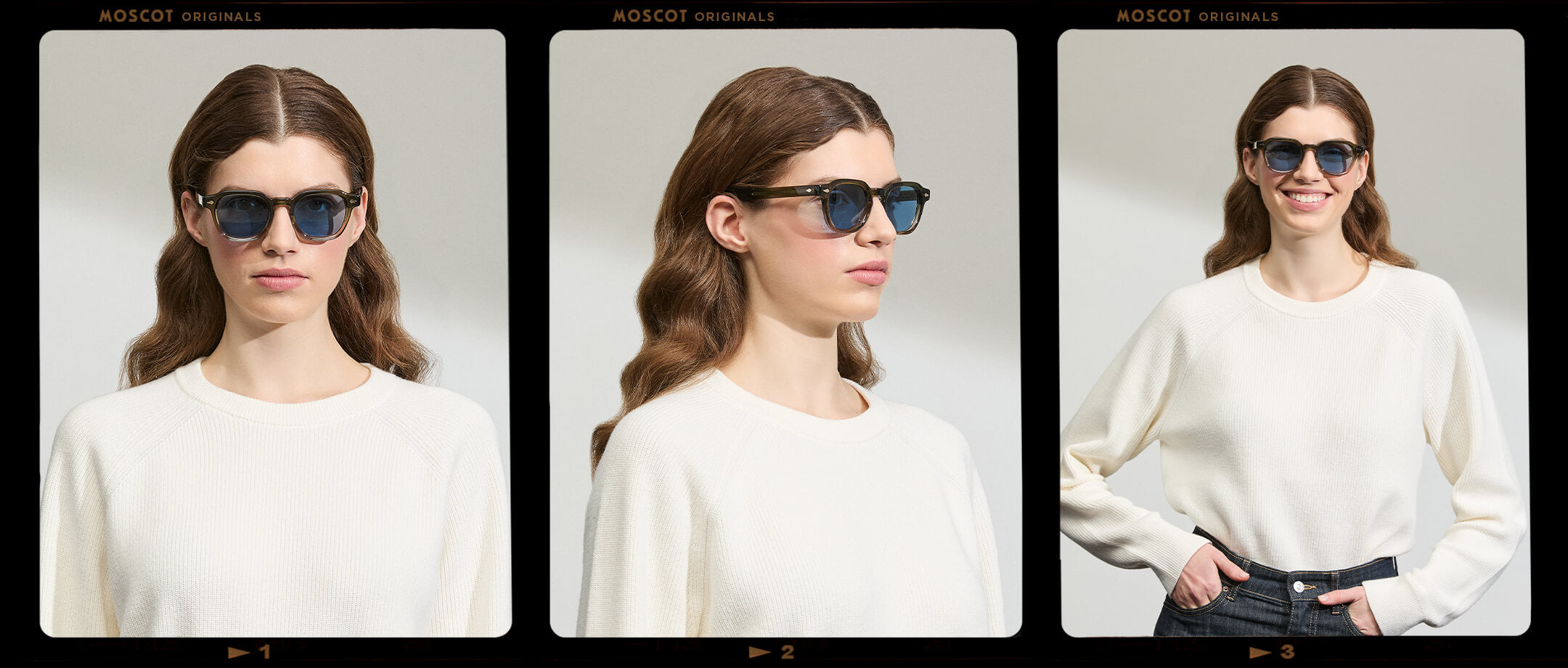 Model is wearing The DOLT in Khaki in size 49 with BLUE+ Lenses
