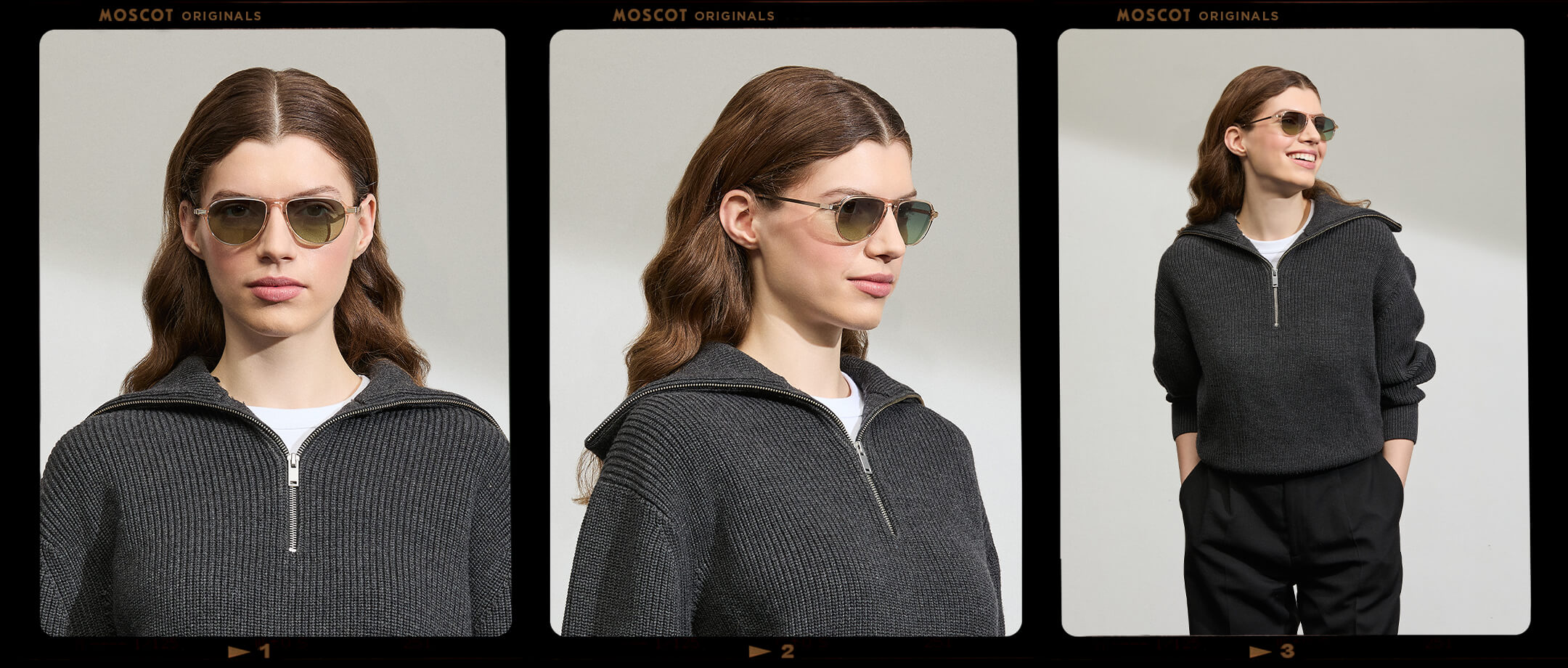 Model is wearing The BISHEART SUN in size 52 in Cinnamon with Forest Wood Tinted Lenses