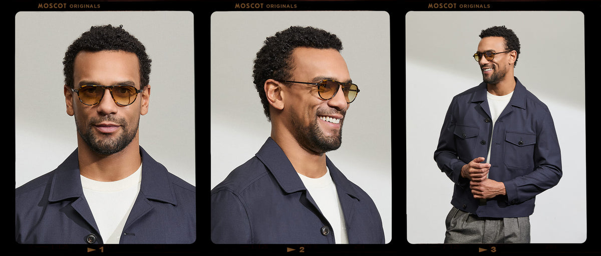 Model is wearing The BISHEART SUN in size 52 in Tortoise with Chestnut Fade Tinted Lenses