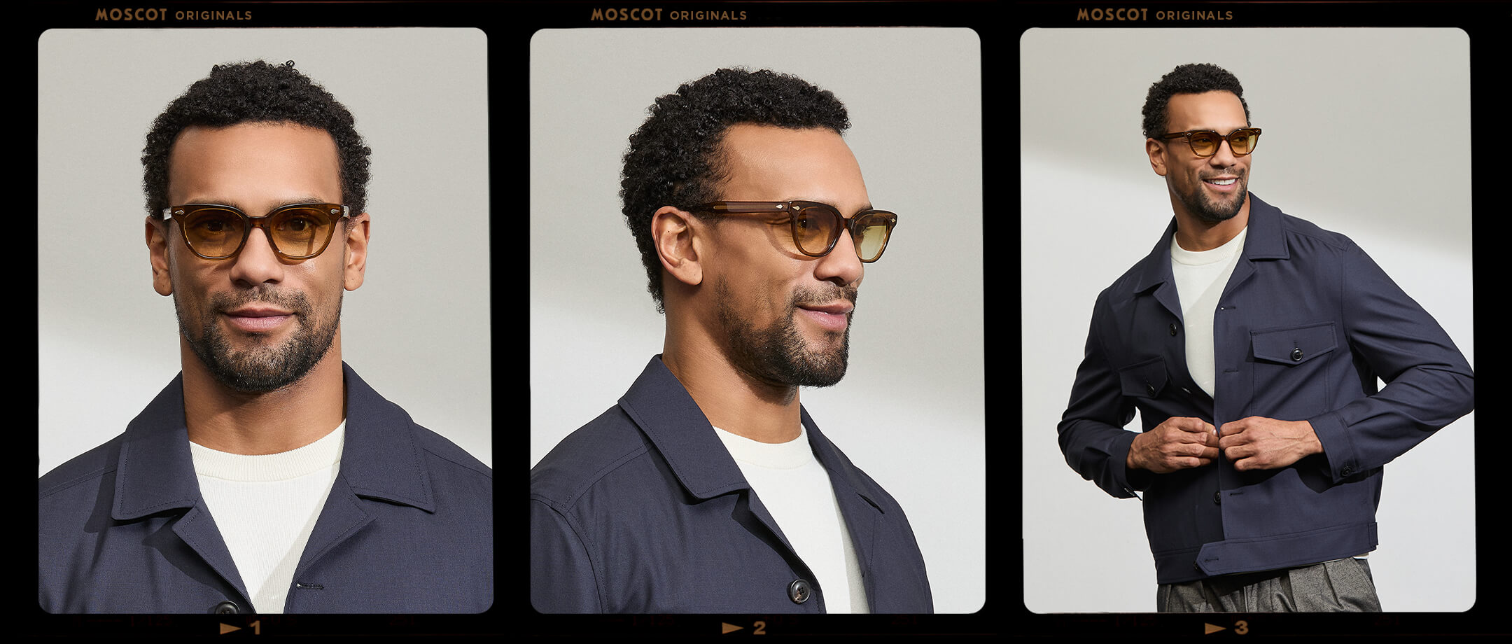 Model is wearing The SHANEKITE SUN in Cognac in size 49 with Chestnut Fade Tinted Lenses