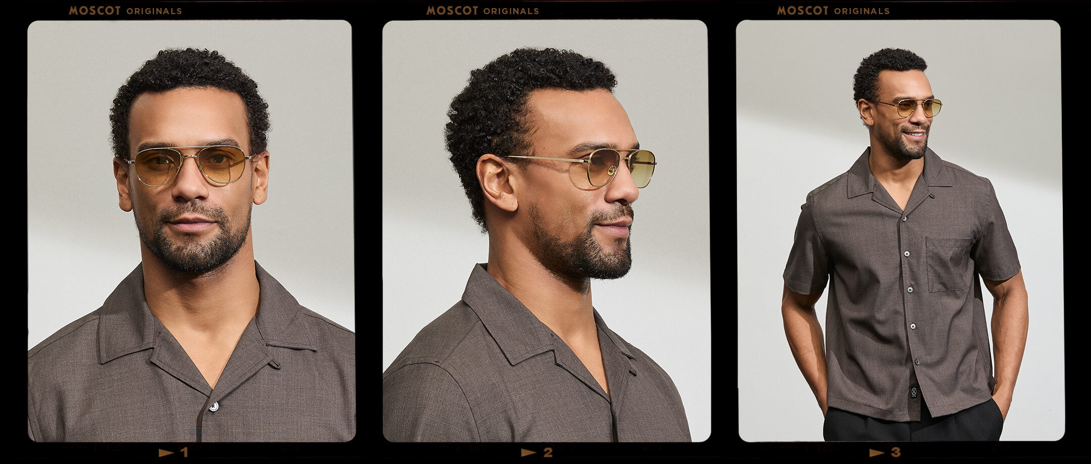 Model is wearing The SHMECKEL SUN in size 53 in Gold with Chestnut Fade Tinted Lenses
