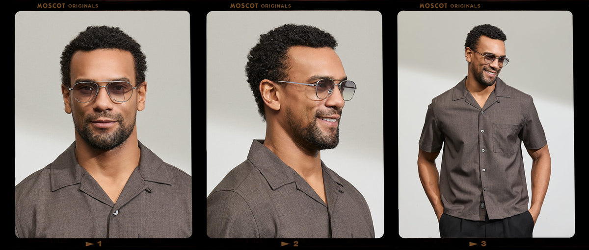 Model is wearing The SHMECKEL SUN in size 53 in Silver with American Grey Fade Tinted Lenses