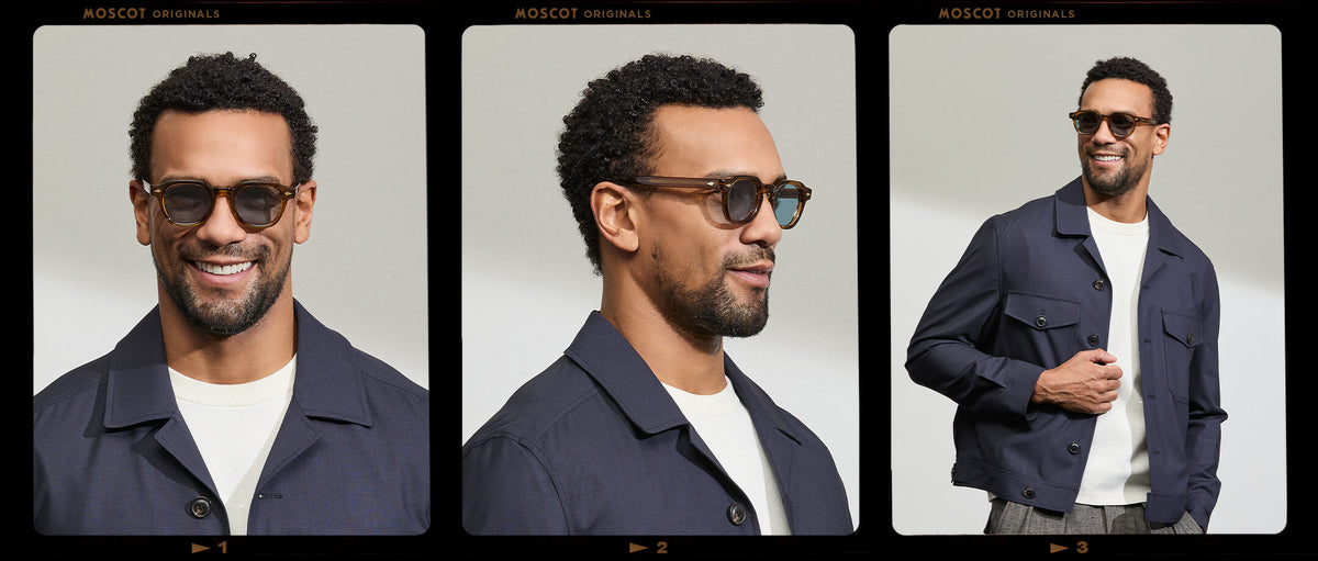 Model is wearing The DOLT SUN in size 46 in Cognac with Mineral Blue Tinted Lenses