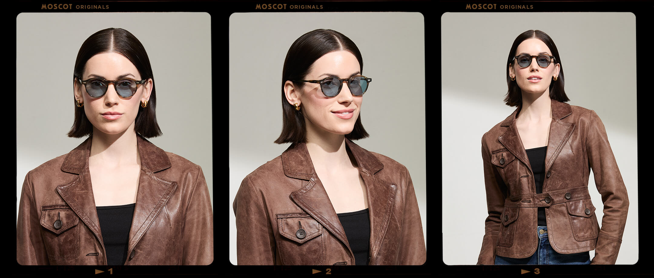 Model is wearing The MILTZEN in Bark in size 46 with Mineral Blue Tinted Lenses