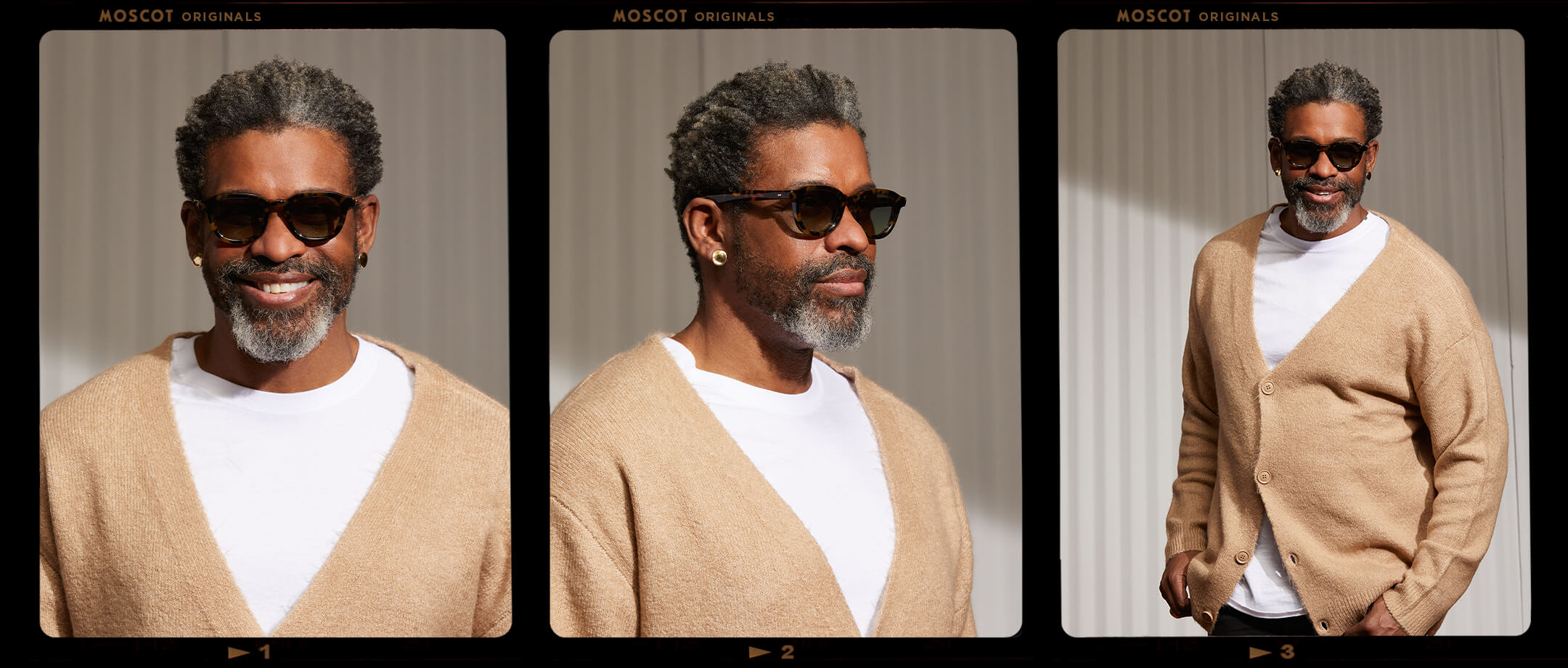 Model is wearing The DAHVEN in Tortoise in size 47 with Forest Wood Tinted Lenses