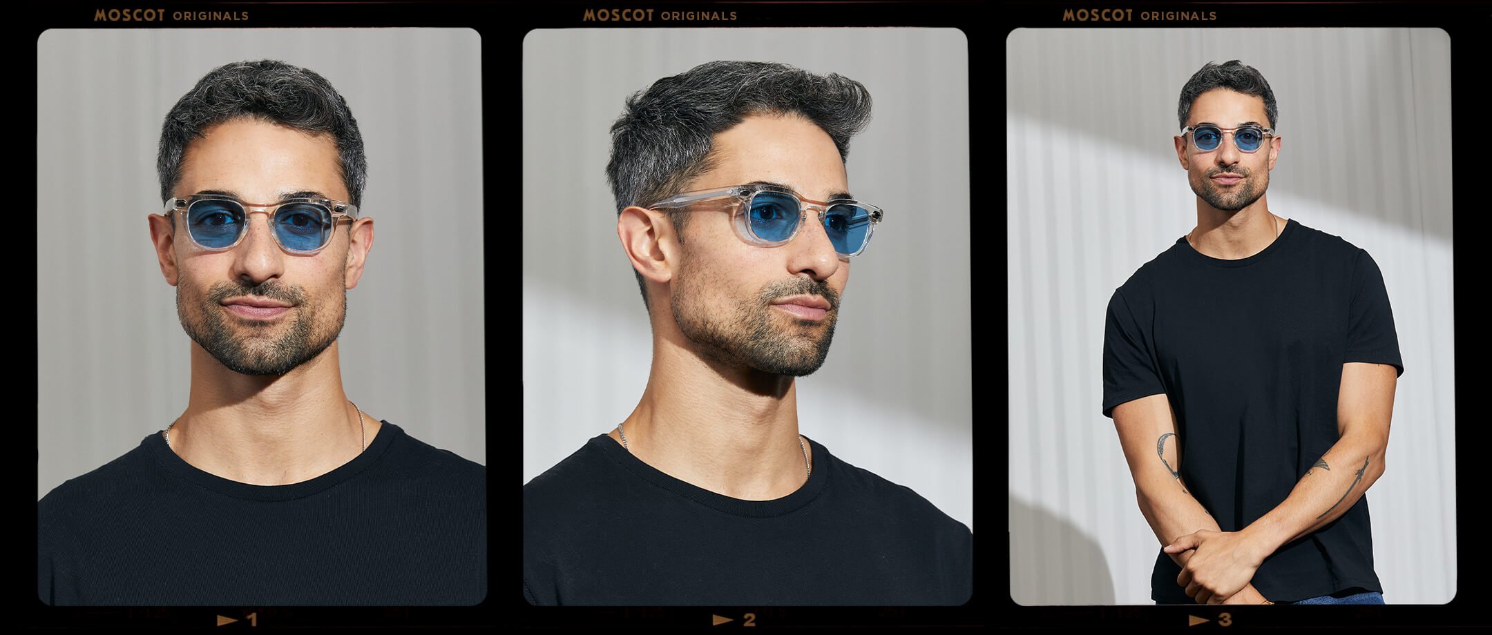 Model is wearing The GELT in Crystal in size 46 with Celebrity Blue Tinted Lenses