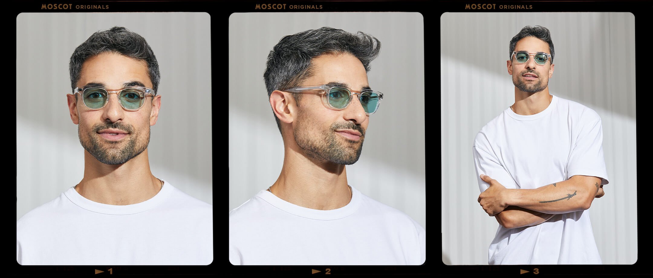 Model is wearing The GELT in Crystal in size 46 with Turquoise Tinted Lenses