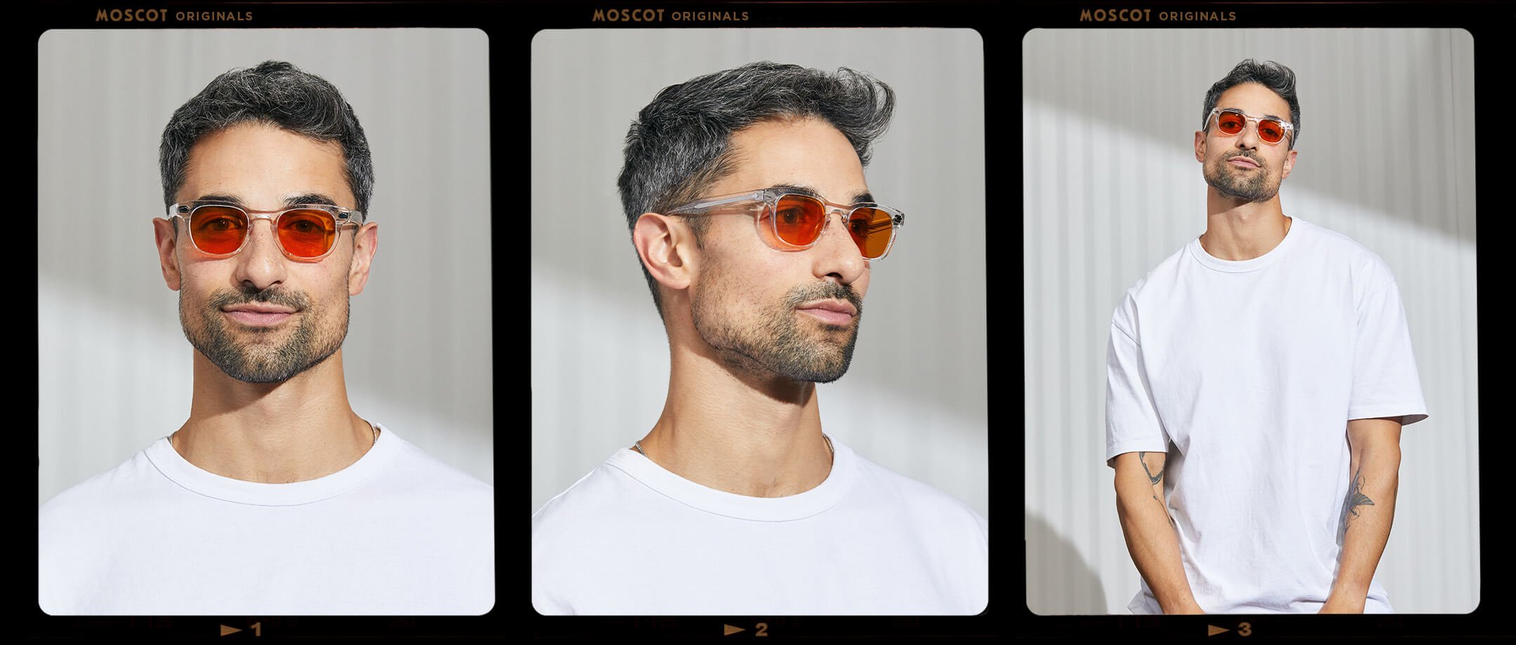 Model is wearing The GELT in Crystal in size 46 with Woodstock Orange Tinted Lenses