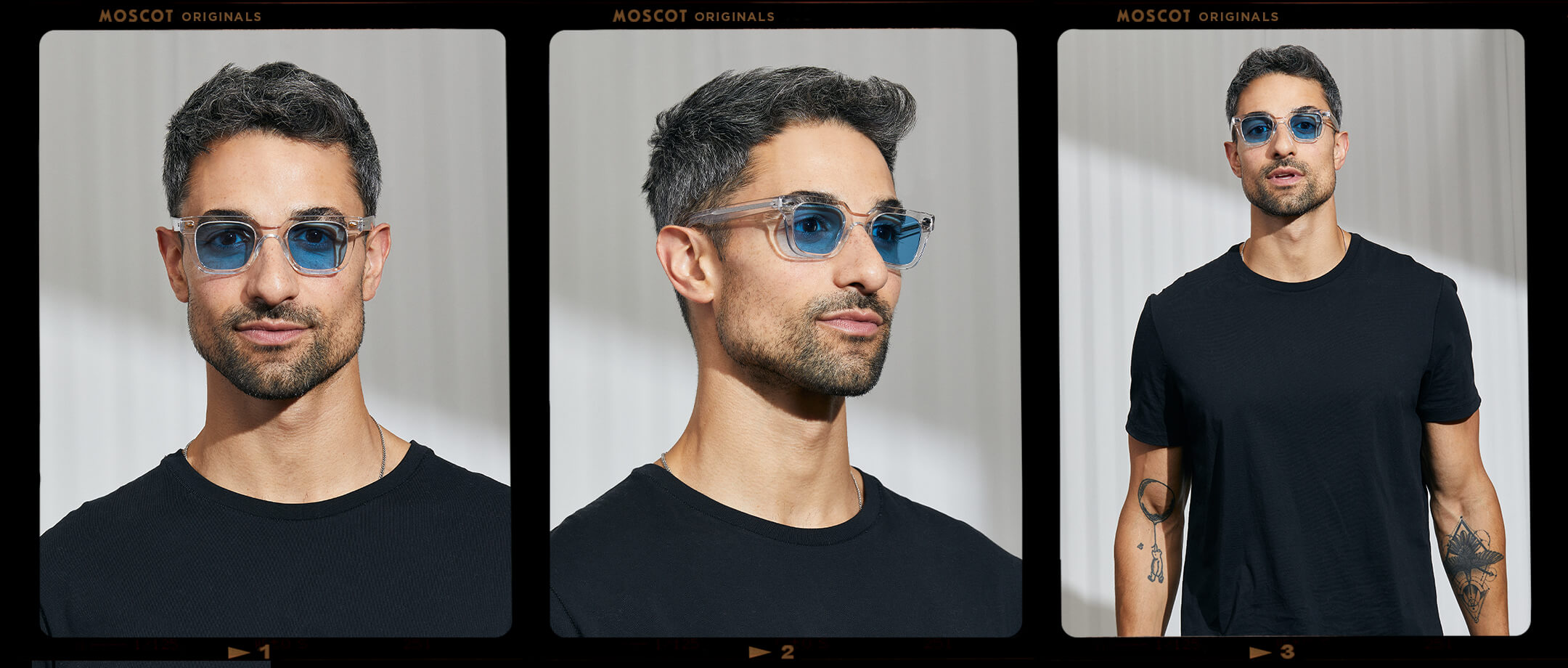 Model is wearing The GROBER in Crystal in size 45 with Celebrity Blue Tinted Lenses