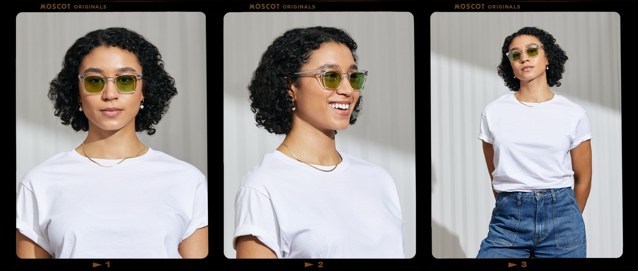 Model is wearing The GROBER in Crystal in size 48 with Garnet Green Tinted Lenses