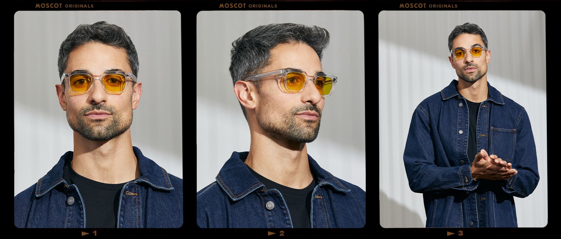 Model is wearing The GROBER in Crystal in size 45 with Mellow Yellow Tinted Lenses