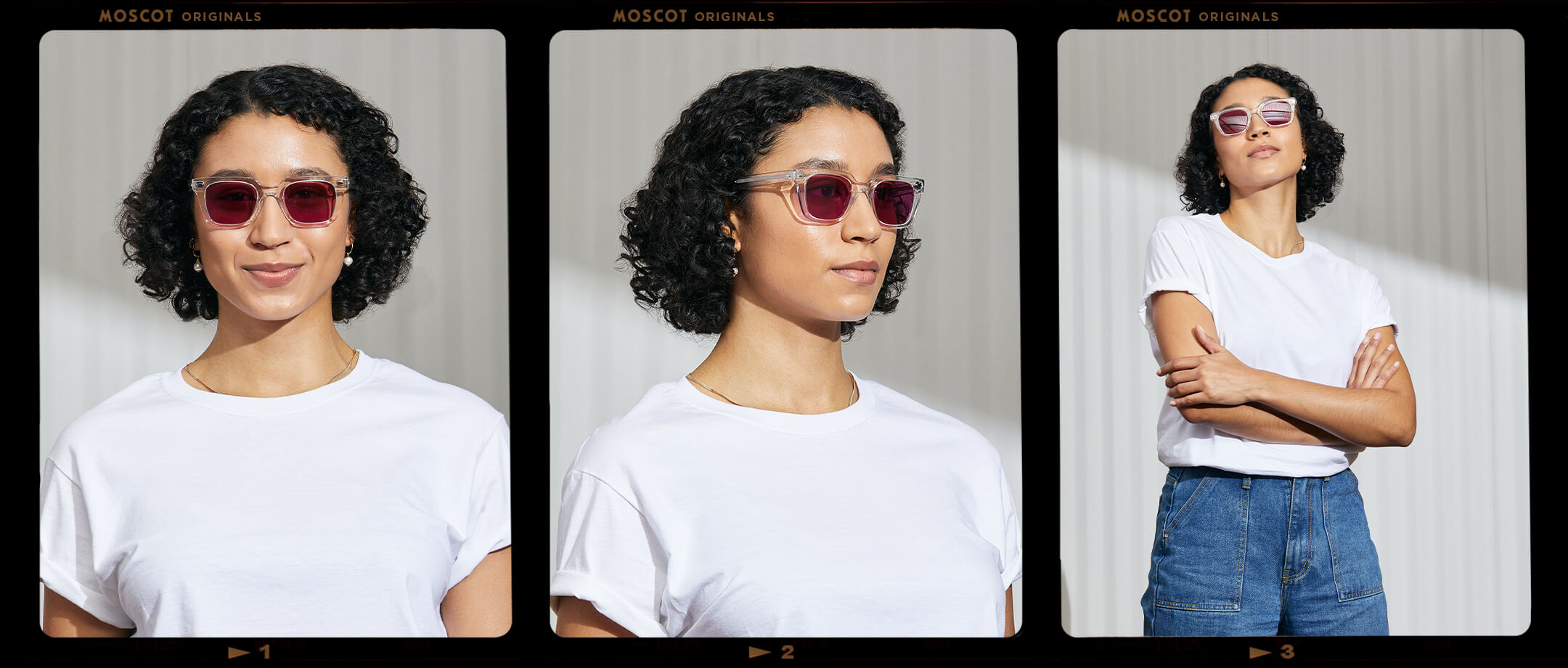 Model is wearing The GROBER in Crystal in size 48 with Purple Nurple Tinted Lenses
