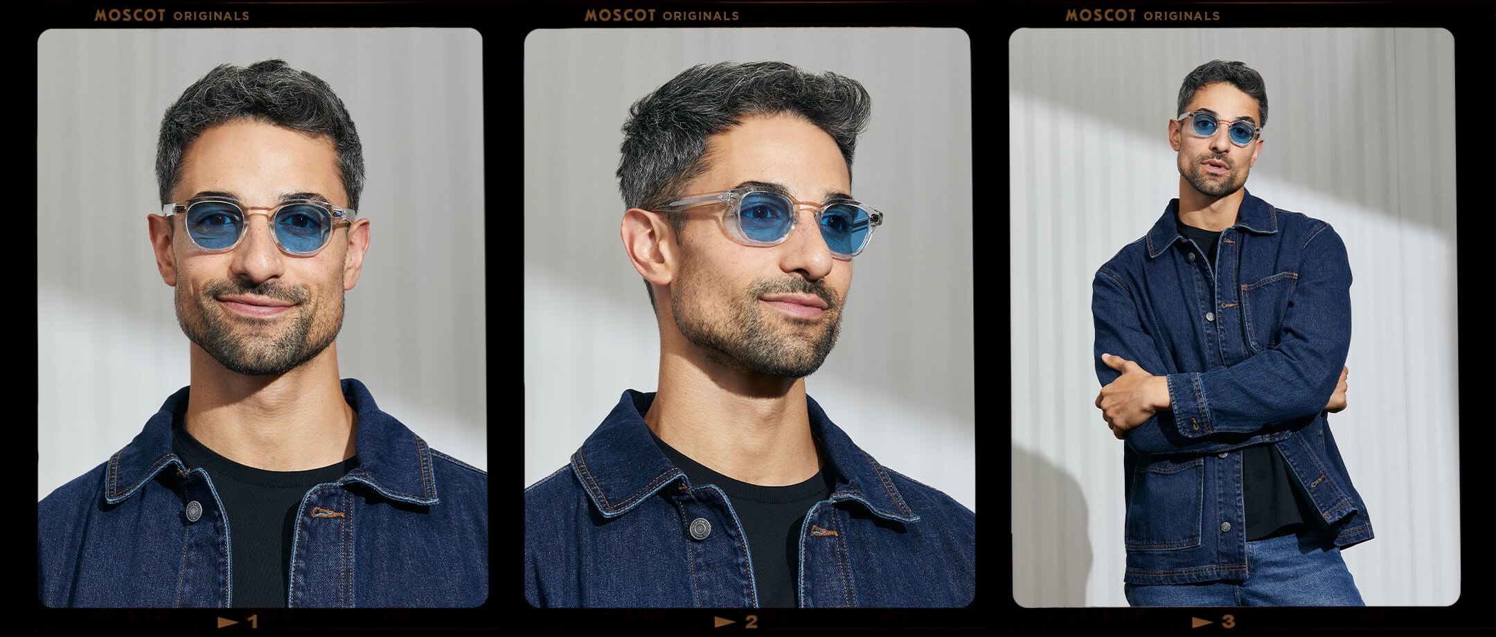 Model is wearing The LEMTOSH in Crystal in size 46 with Celebrity Blue Tinted Lenses