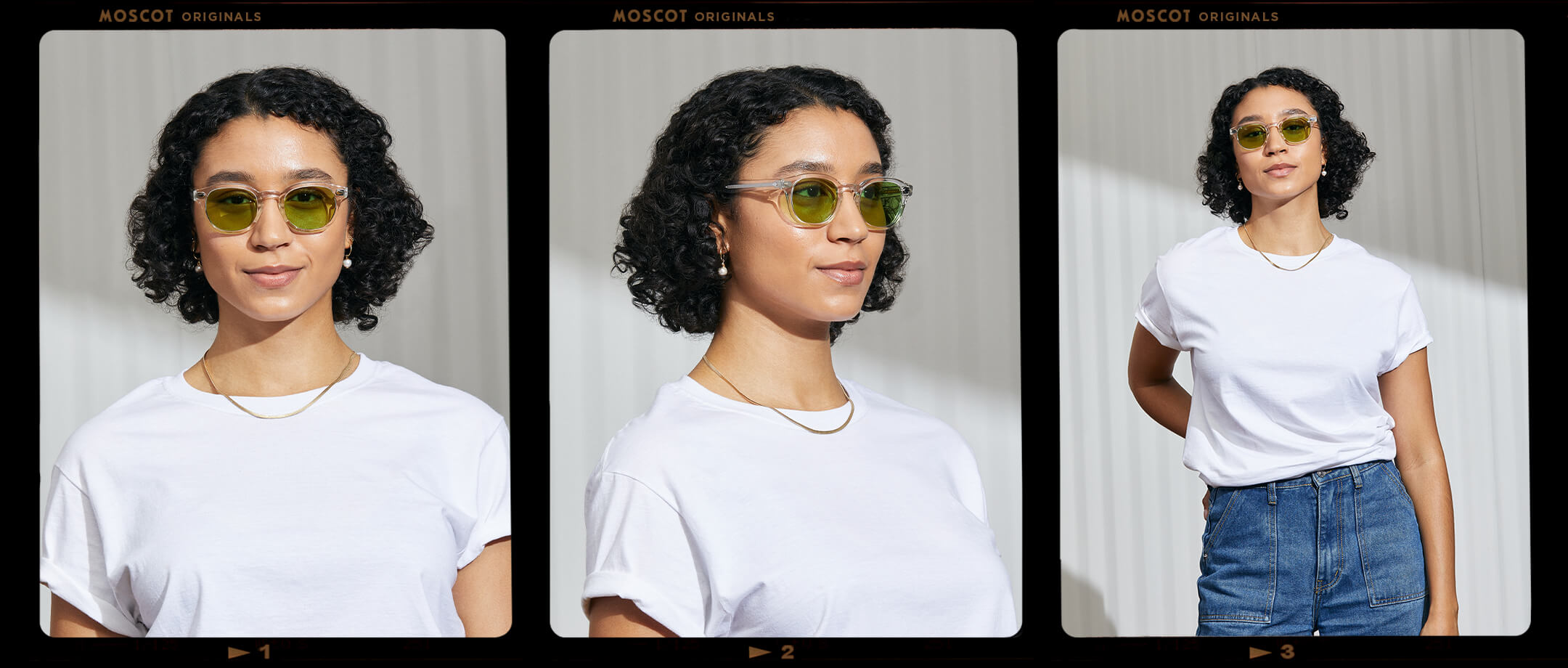 Model is wearing The LEMTOSH in Crystal in size 49 with Garnet Green Tinted Lenses