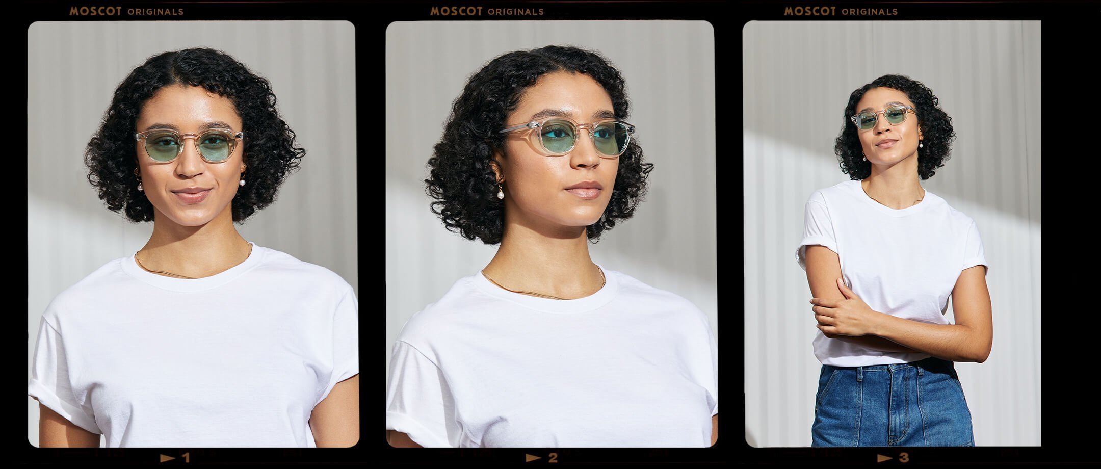 Model is wearing The LEMTOSH in Crystal in size 49 with Turquoise Tinted Lenses