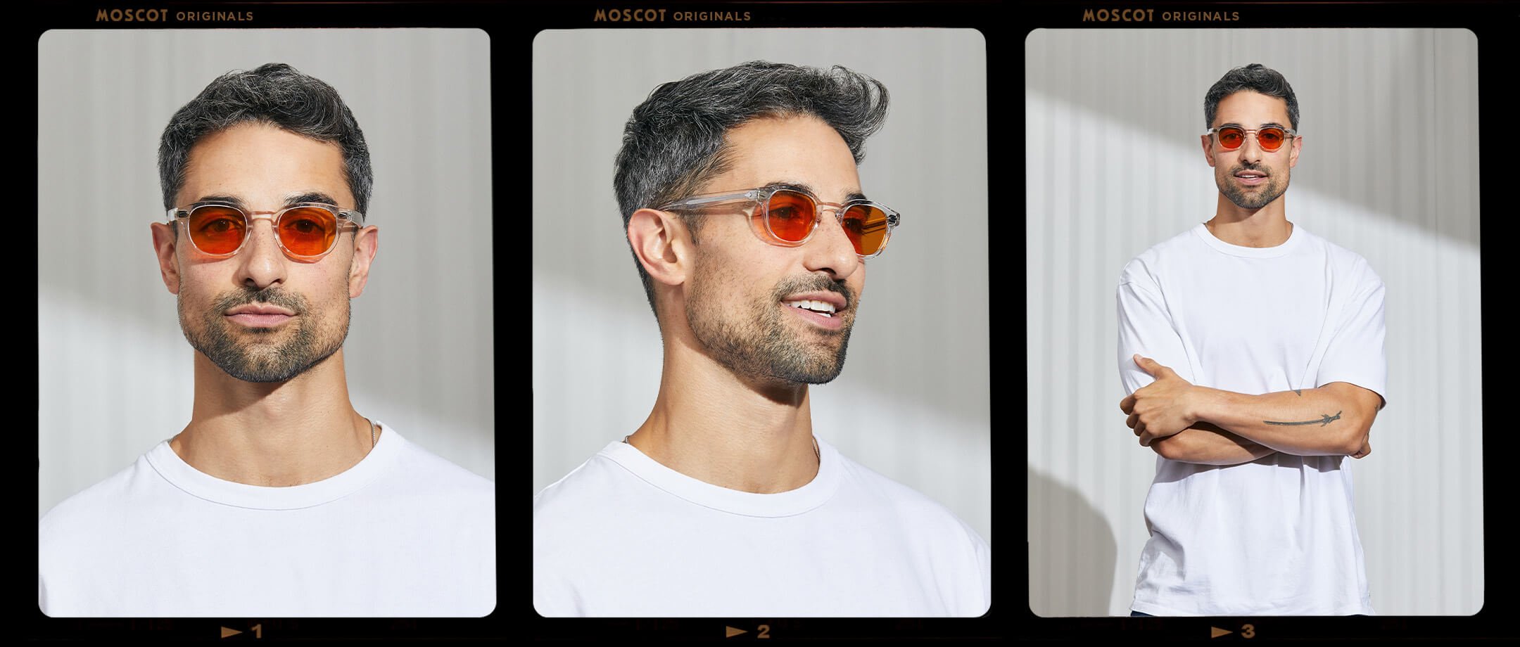 Model is wearing The LEMTOSH in Crystal in size 46 with Woodstock Orange Tinted Lenses