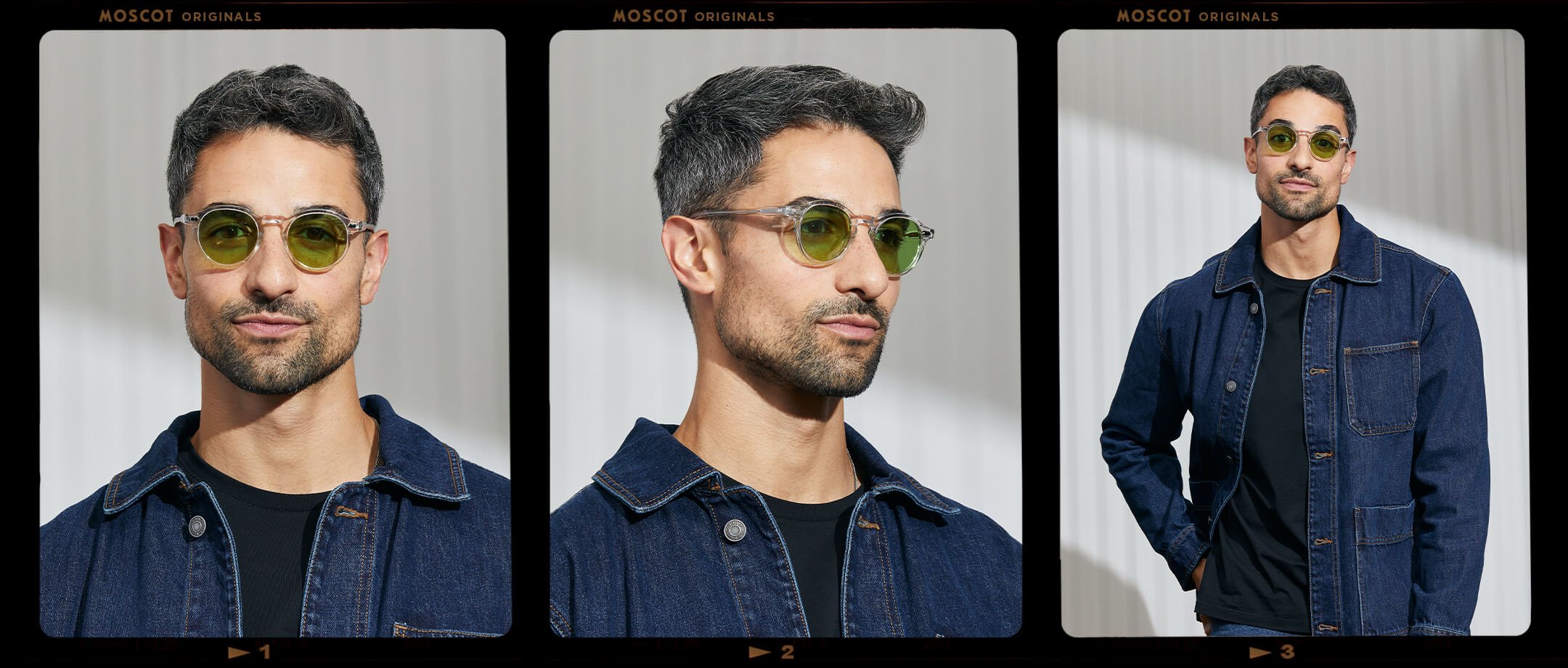 Model is wearing The MILTZEN in Crystal in size 46 with Garnet Green Tinted Lenses
