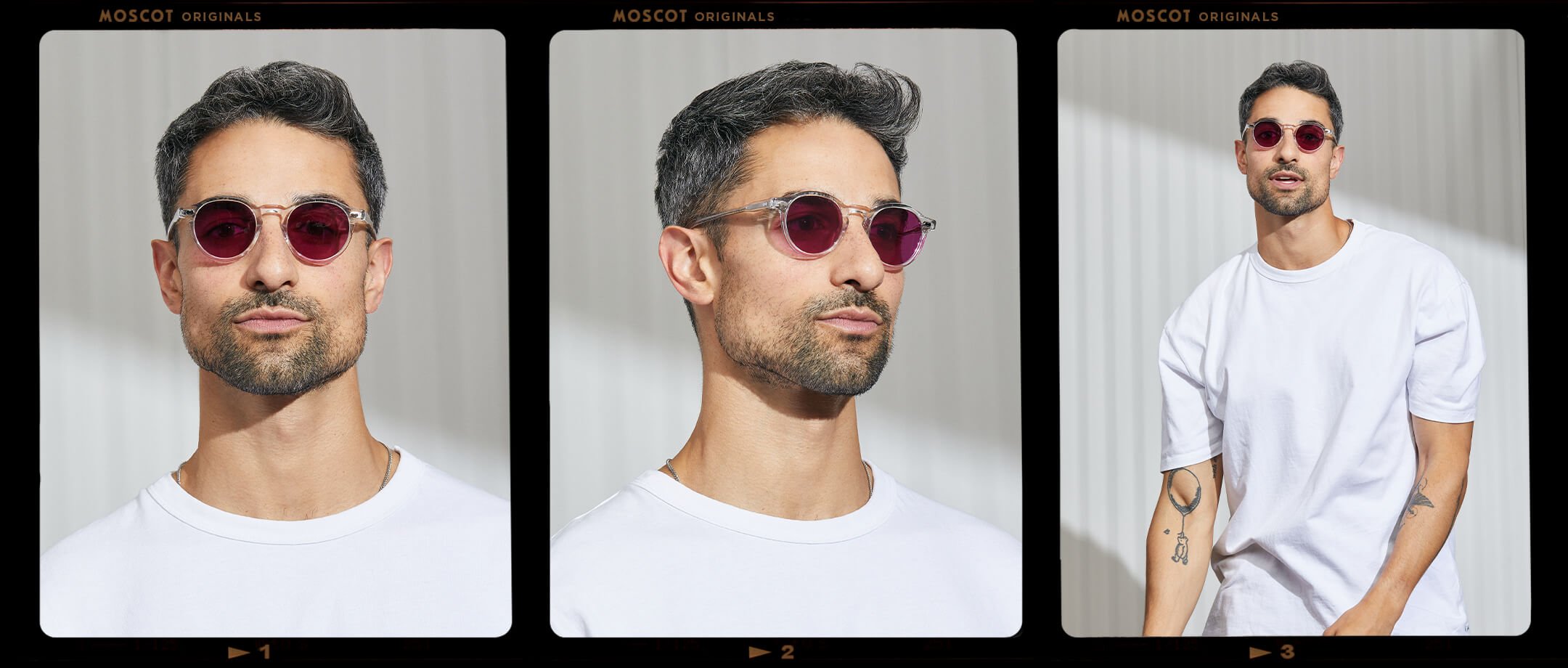 Model is wearing The MILTZEN in Crystal in size 46 with Purple Nurple Tinted Lenses