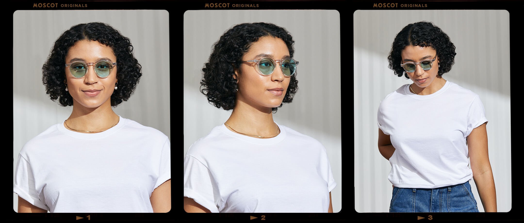 Model is wearing The MILTZEN in Crystal in size 49 with Turquoise Tinted Lenses