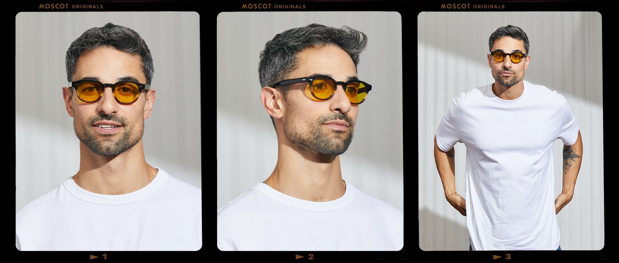 Model is wearing The LEMTOSH in Grey-Brown Fade in size 46 with Mellow Yellow Tinted Lenses