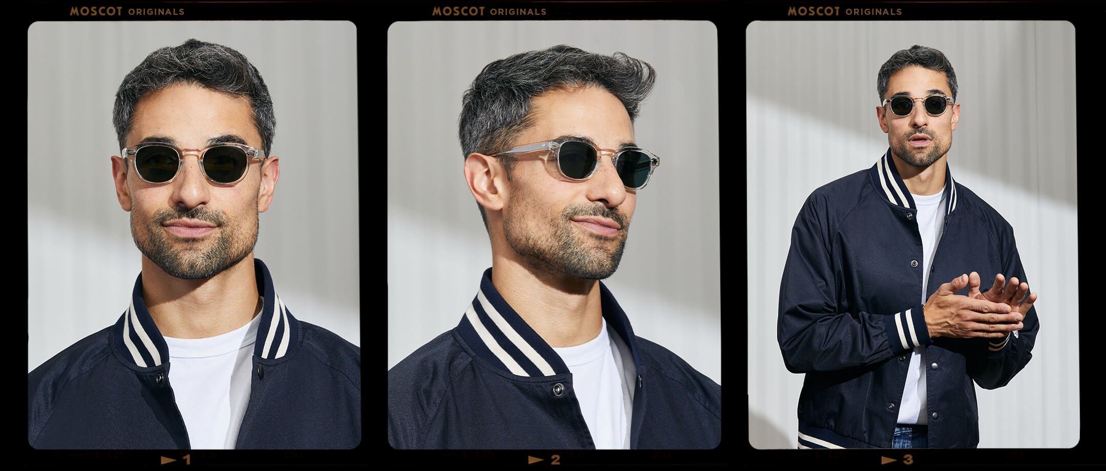 Model is wearing The LEMTOSH SPORT in Crystal in size 46 with Blue Polarized Nylon Lenses