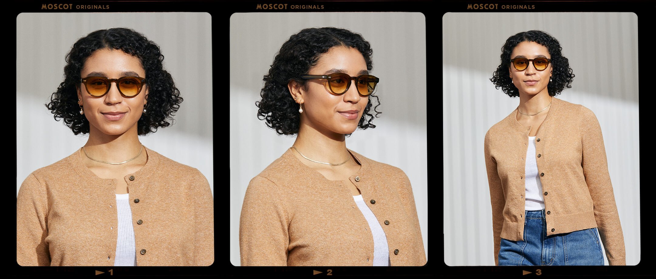 Model is wearing The MAYDELA SUN in Olive Brown in size 49 with Chestnut Fade Tinted Lenses