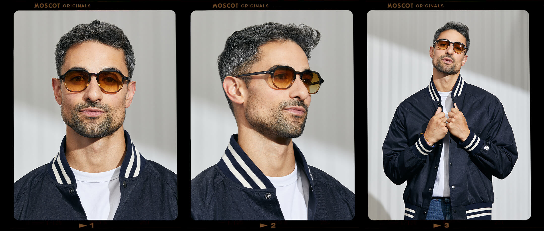 Model is wearing The YENEM SUN in Grey-Brown Fade in size 50 with Chestnut Fade Tinted Lenses