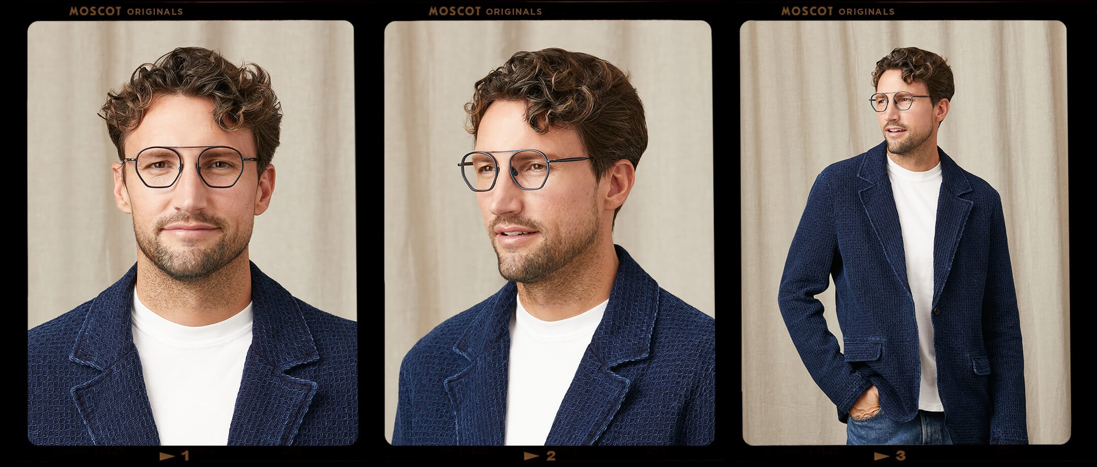 Model is wearing The KUGEL in size 49 in Navy