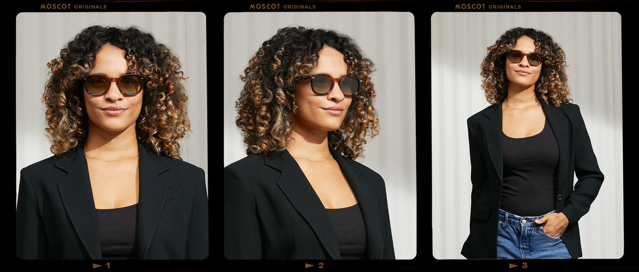Model is wearing The MEKLER SUN in Tobacco in size 49 with Forest Wood Tinted Lenses