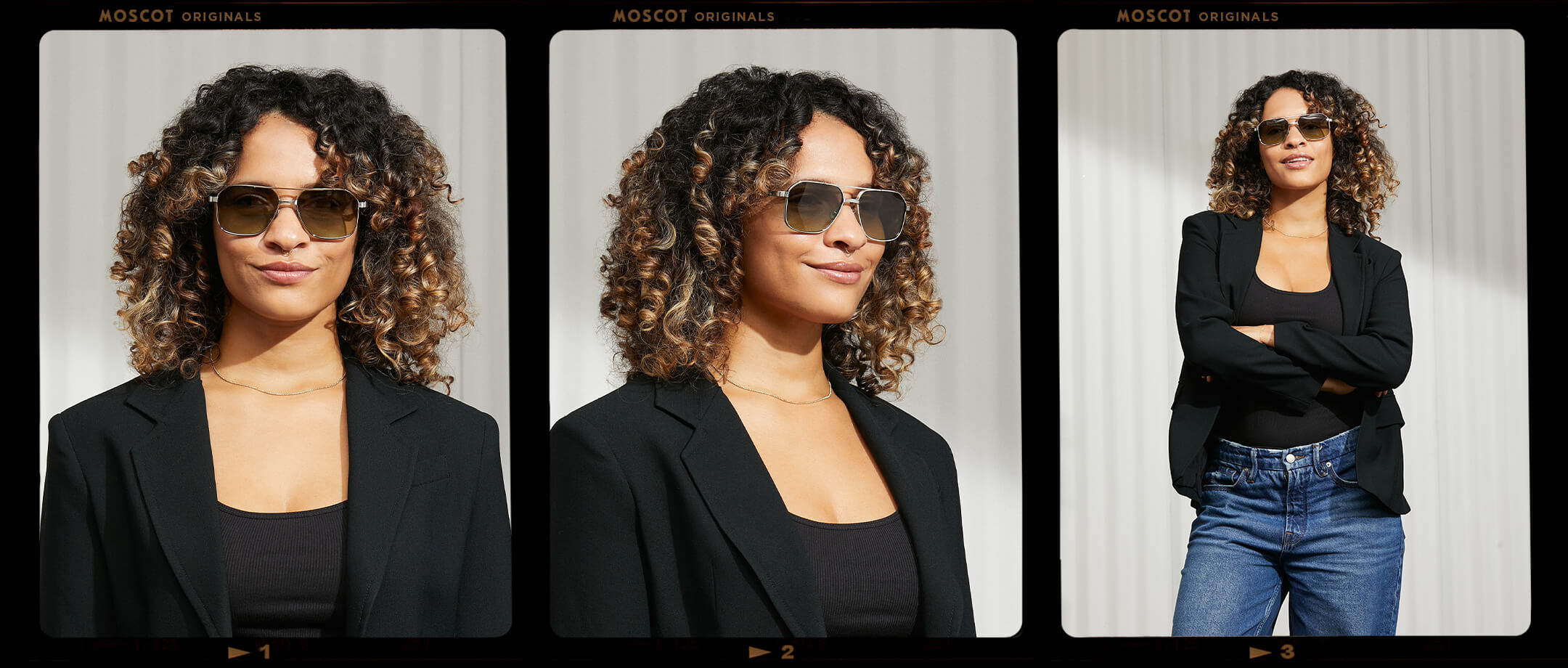 Model is wearing The MINGLE SUN in Silver in size 57 with Forest Wood Lenses