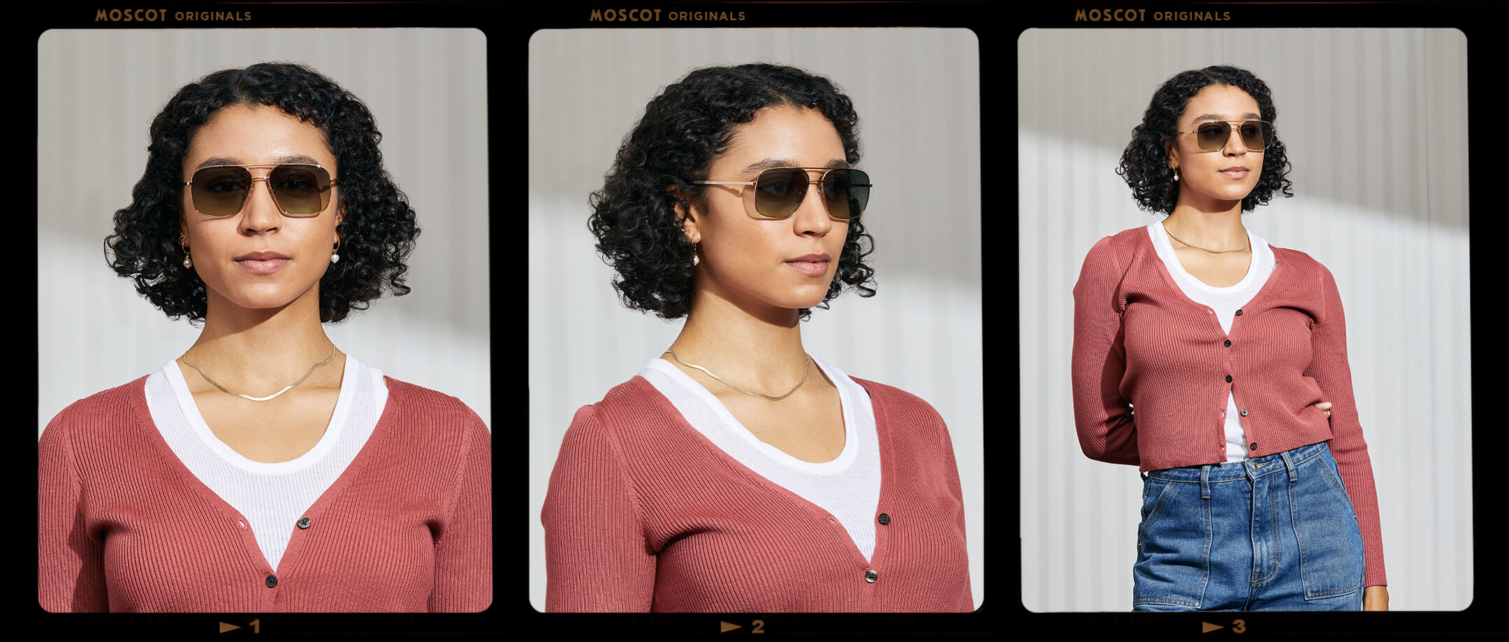 Model is wearing The SHTARKER in size 57 in Gold with Forest Wood Tinted Lenses