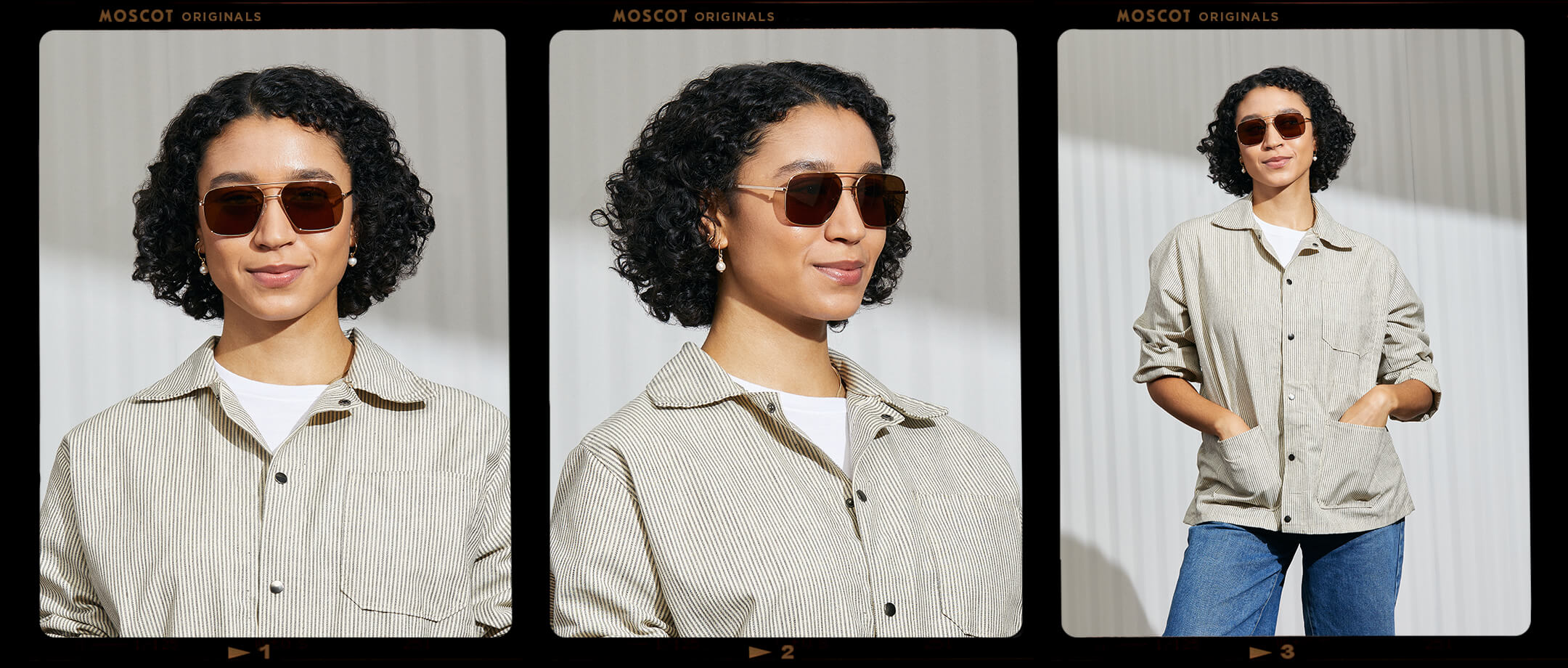 Model is wearing The SHTARKER SUN in Gold in size 57 with Cosmitan Brown Lenses