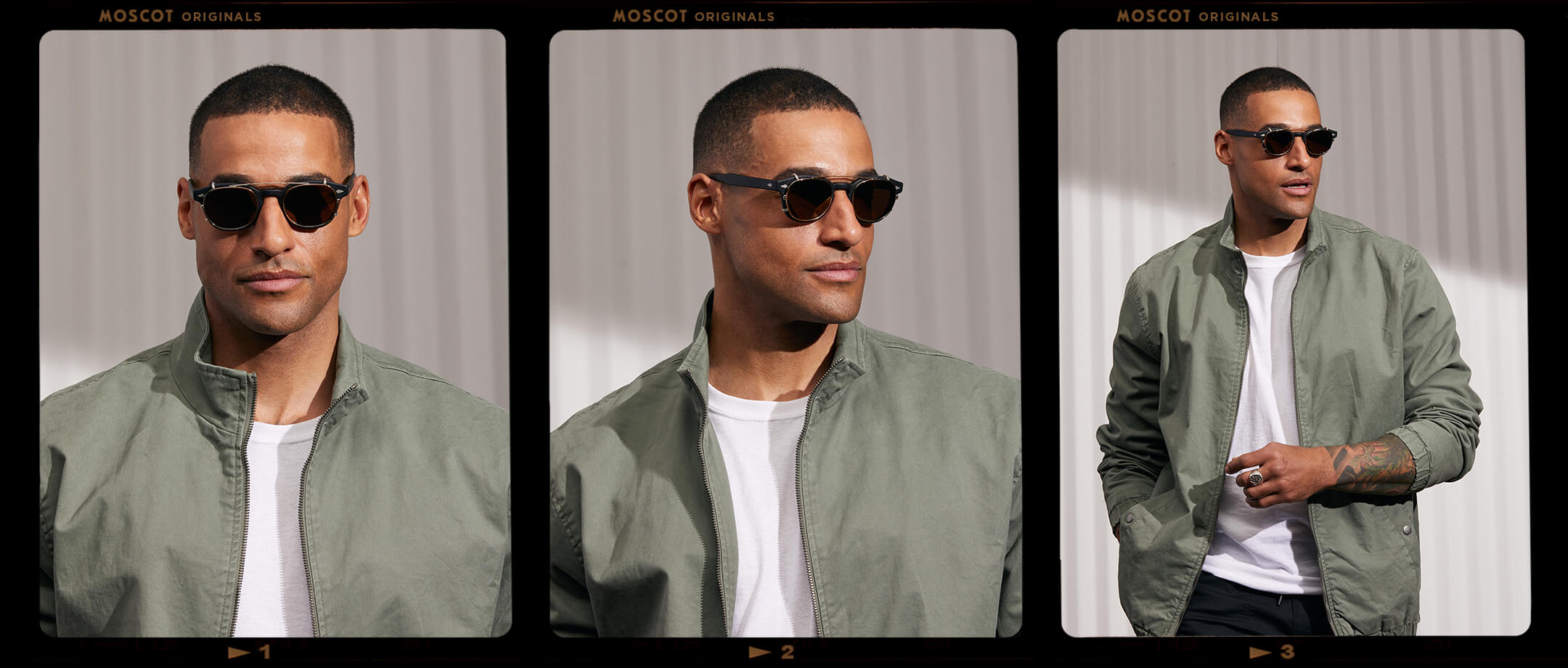 Model is wearing The CLIPTOSH in Gold in size 49 with Gold Mirror Lenses